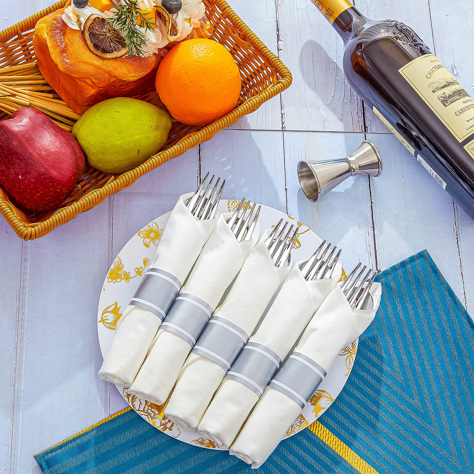 30-Pack N9R Disposable Plastic Cutlery Set - 30 Forks, 30 Knives, 30 Spoons & 30 Napkins - Premium Silver Plastic Silverware for Parties, Weddings, Picnics & Catering Events