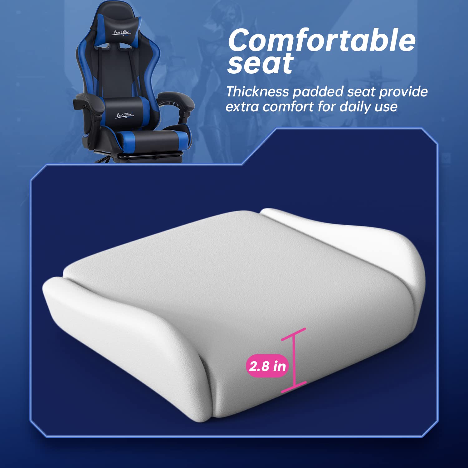 Ergonomic Gaming Chair with Adjustable Lumbar Support, Headrest & Footrest - Blue PC Gamer Chair for Office, Home & Esports - Comfortable Swivel Rolling Desk Chair for Long Gaming Sessions & Work from Home