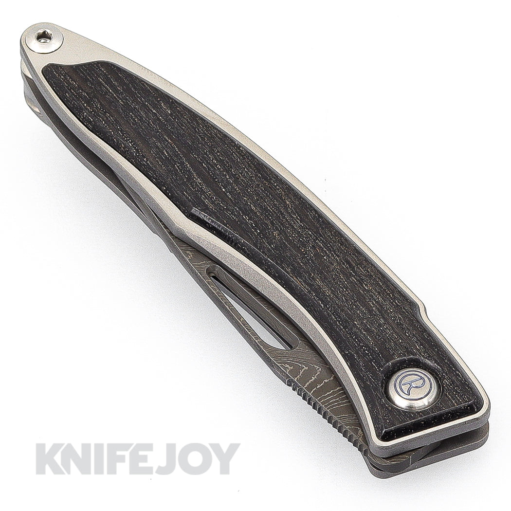 Chris Reeve Knives 2021 Mnandi Drop Point Boomerang Damascus Blade with Bog Oak Inlay - Left Handed Folding Pocket Knife for EDC, Camping & Outdoor Activities