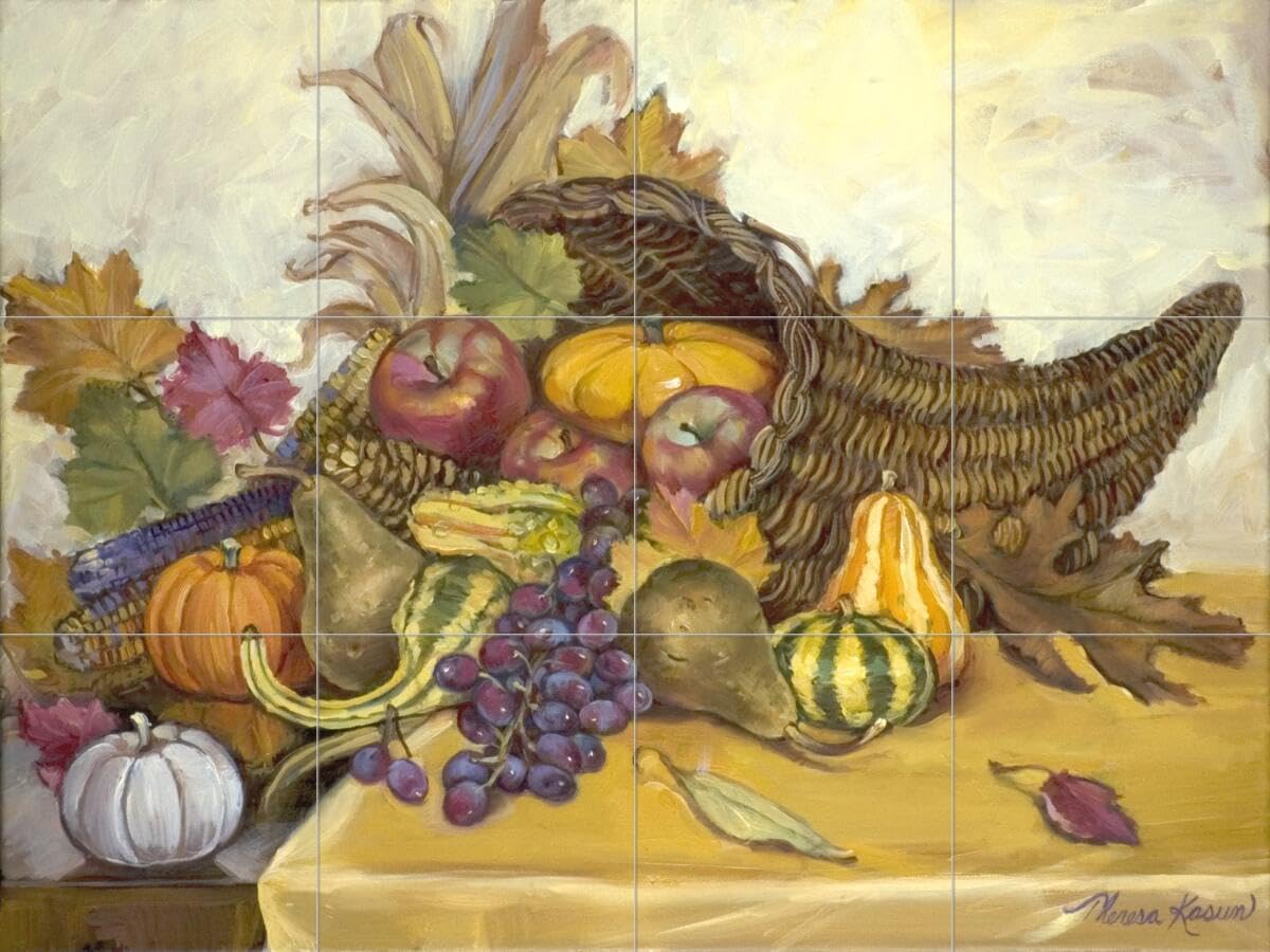 Premium Ceramic Backsplash Tile Mural - Cornucopia Fruit & Vegetable Design for Kitchen & Bathroom Decor - Theresa Kasun Collection - Perfect for Farmhouse, Rustic, or Modern Home Renovation