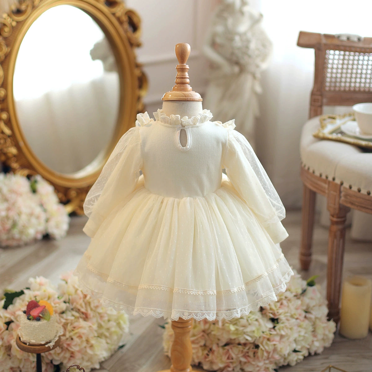Ivory Princess Mock Neck Tea Length Tulle Flower Girl Dress - Perfect for Weddings, Pageants & Special Occasions