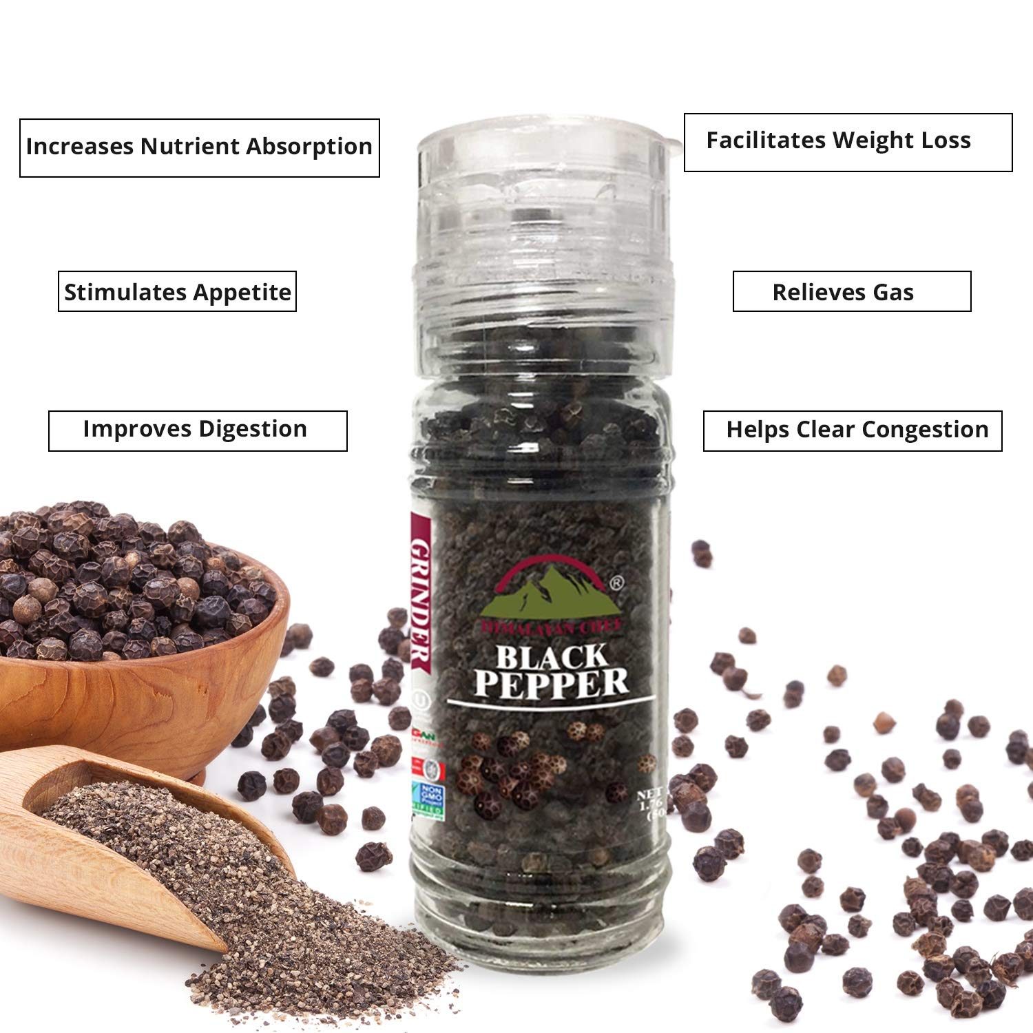 Premium Himalayan Pink Salt & Black Pepper Grinder Set - Refillable Glass Bottle, Easy-to-Use & Vegan Kosher Certified | Perfect for Cooking, Seasoning & Tabletop Use | Set of 2