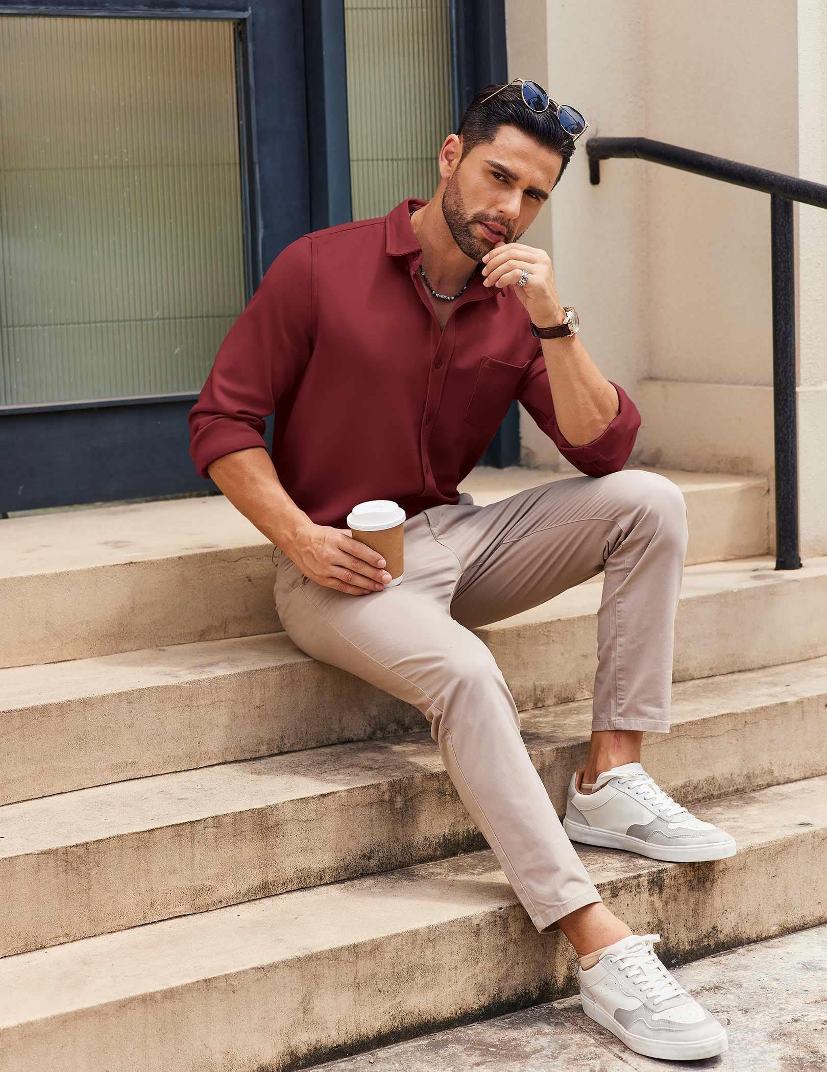 COOFANDY Men's Casual Long Sleeve Button Down Shirt - Stretch Dress Shirt with Pocket in Wine Red (X-Large) - Perfect for Office, Business Meetings & Smart Casual Outfits