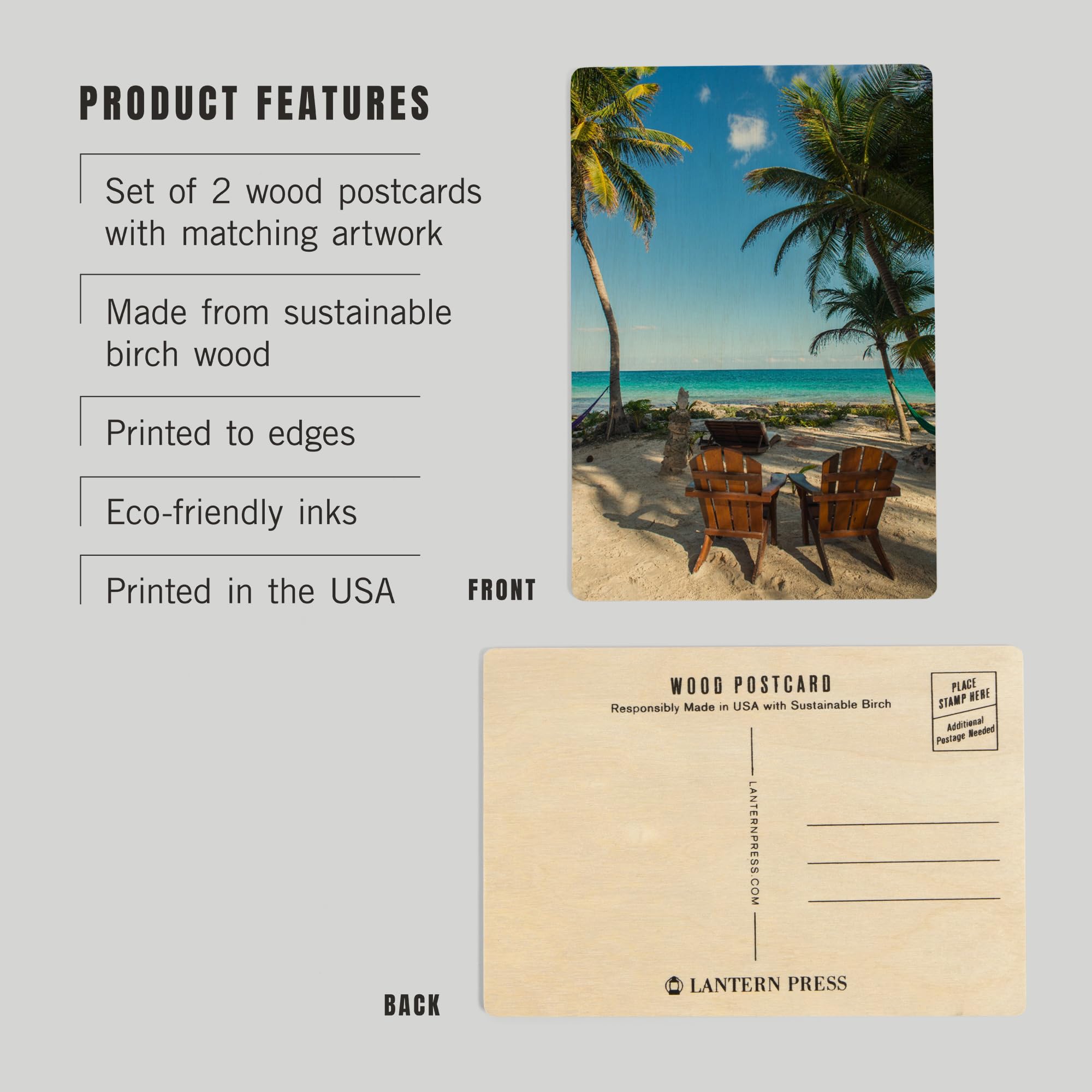4x6 Birch Wood Postcards - Beach Chairs & Palms Design (2-Pack Stationery Set) for Rustic Home Wall Decor | Perfect for Beach House, Coastal Living Room & Vacation Theme Decorations