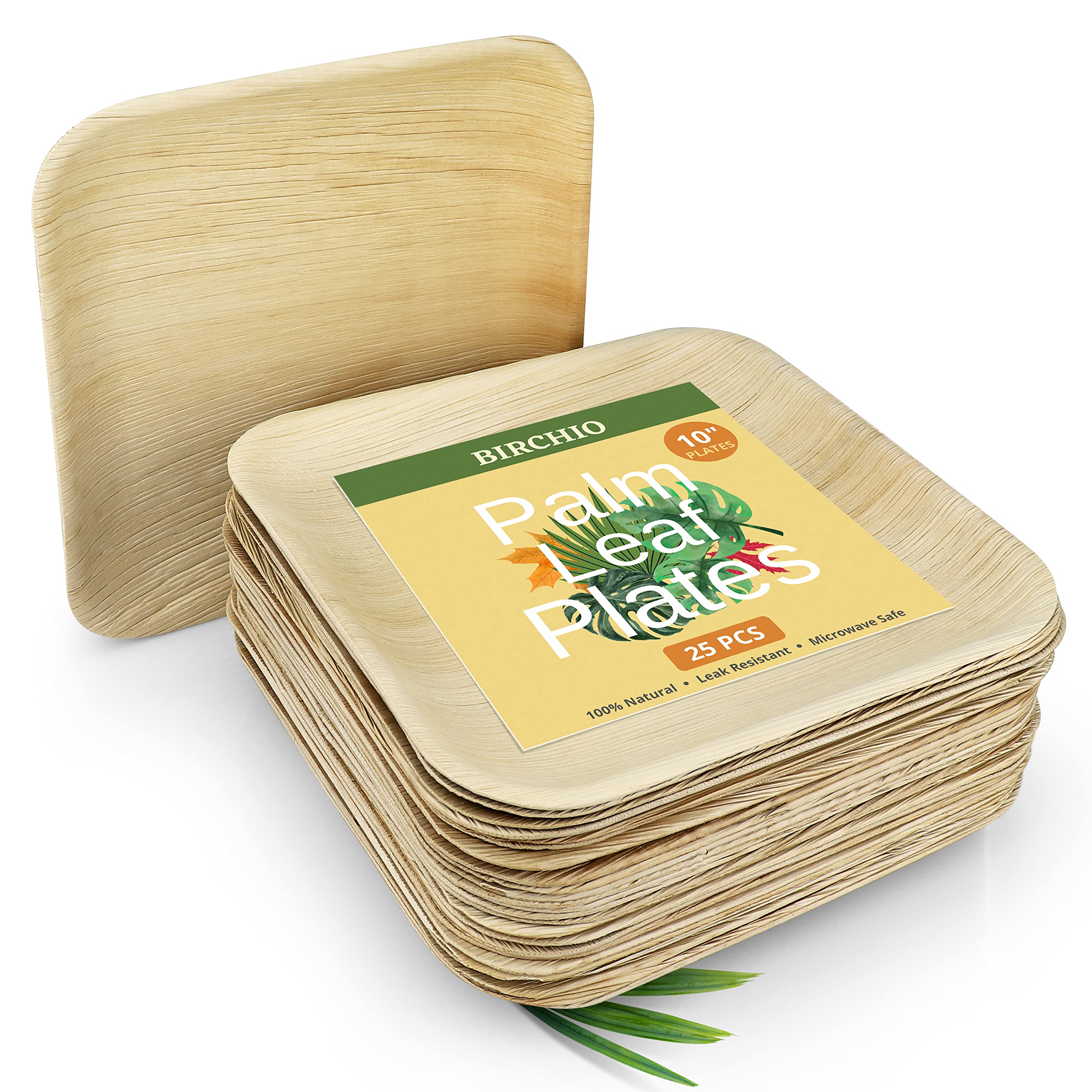 Birchio 10 Inch Palm Leaf Plates (25PCS) - Eco Friendly Disposable Bamboo Plates, Compostable & Biodegradable Dinnerware for Weddings, Boho Parties, Baby Showers & Outdoor Events - Sustainable Tableware for Picnics, BBQs & Special Occasions