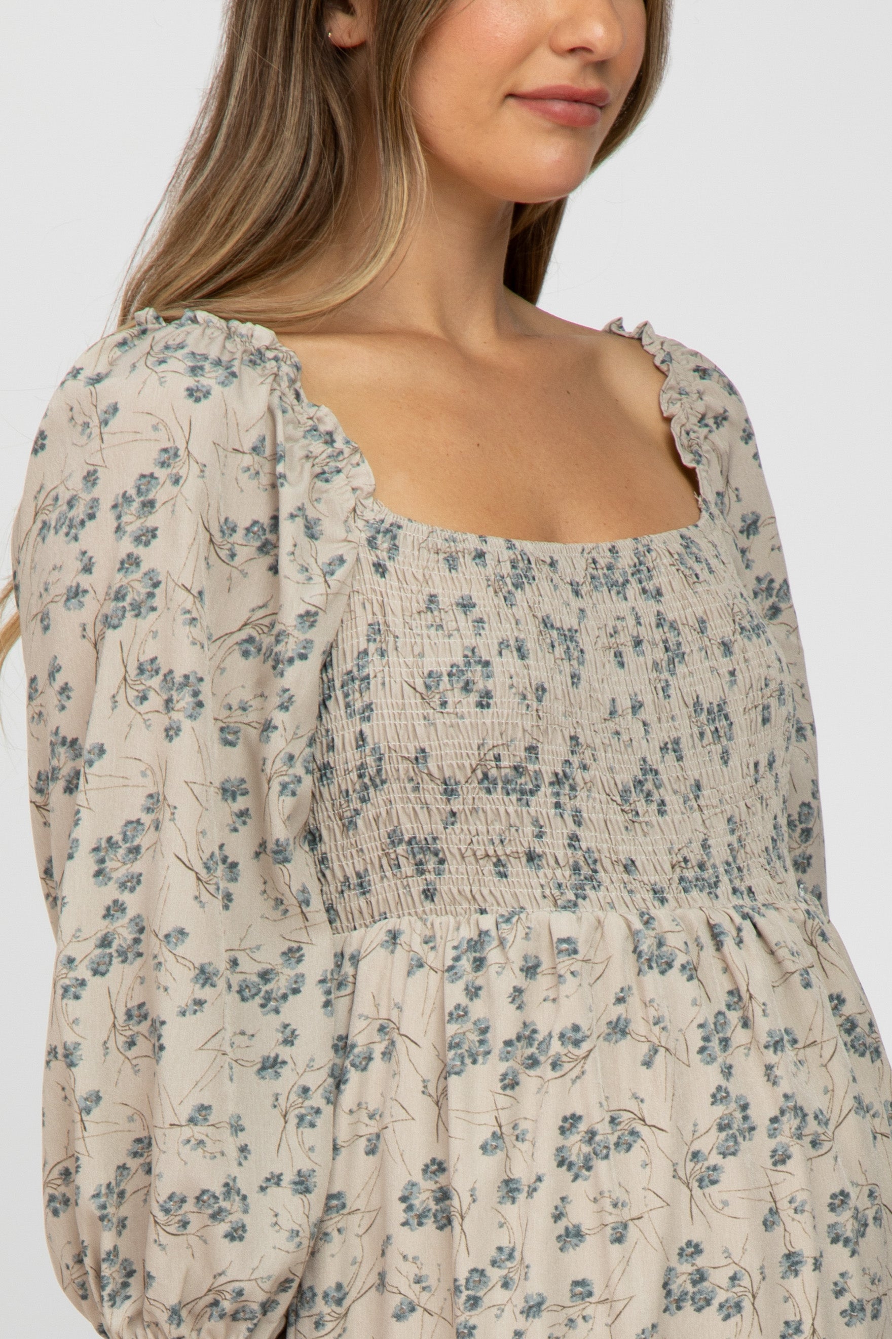 Beige Floral Tiered Maternity Dress for Women - Comfortable Pregnancy Dress with Ruffle Details - Perfect for Baby Shower, Maternity Photo Shoot & Summer Occasions