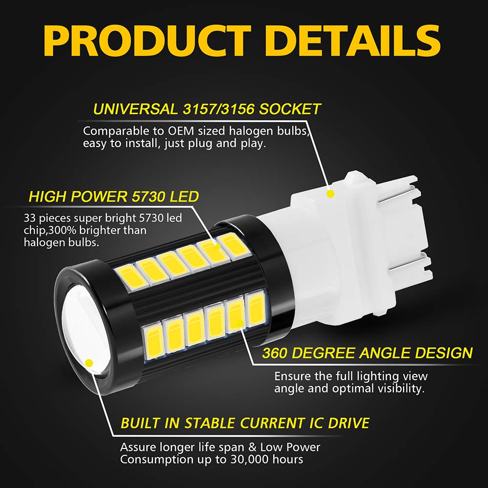 AUXLIGHT 3157 3156 T25 3056 4157 LED Bulbs - 1400 Lumens Super Bright, Low Power, 6000K Xenon White - Replacement for Backup Reverse Lights, Tail Brake Stop & Parking Lights (Pack of 2) - Perfect for Cars, Trucks & SUVs