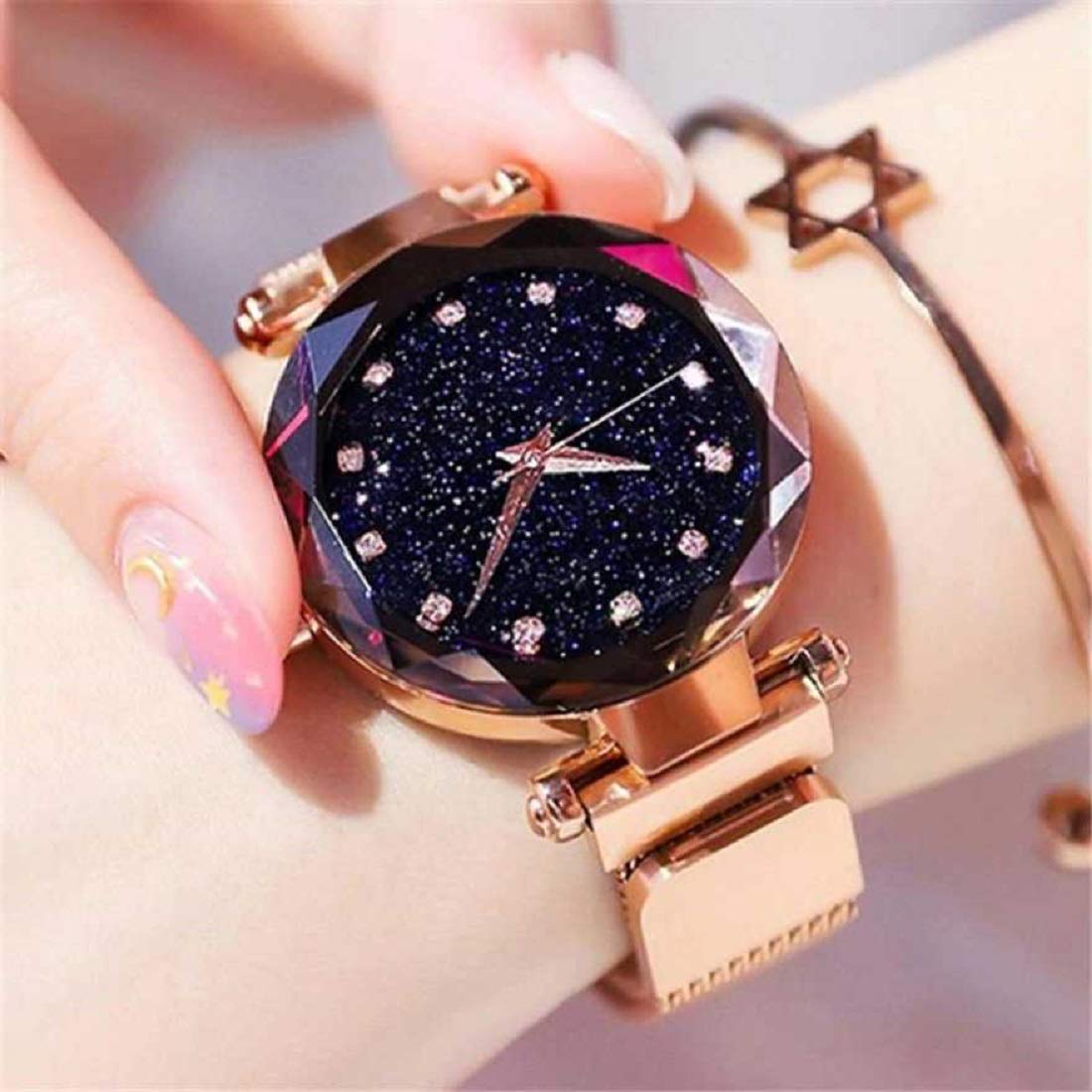Fuerdanni Women's Luxury Mesh Magnetic Buckle Starry Sky Quartz Watch - Galaxy Black | Elegant Fashion Accessory for Office, Party & Everyday Wear