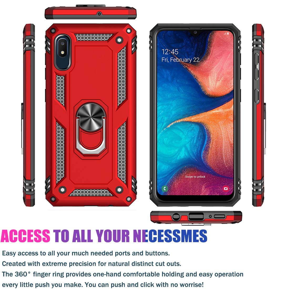 Military Grade Protective Phone Case for Samsung Galaxy A10E with Magnetic Car Mount & Kickstand - Shockproof Defender Cover for Everyday Use, Commuting and Travel (Red)