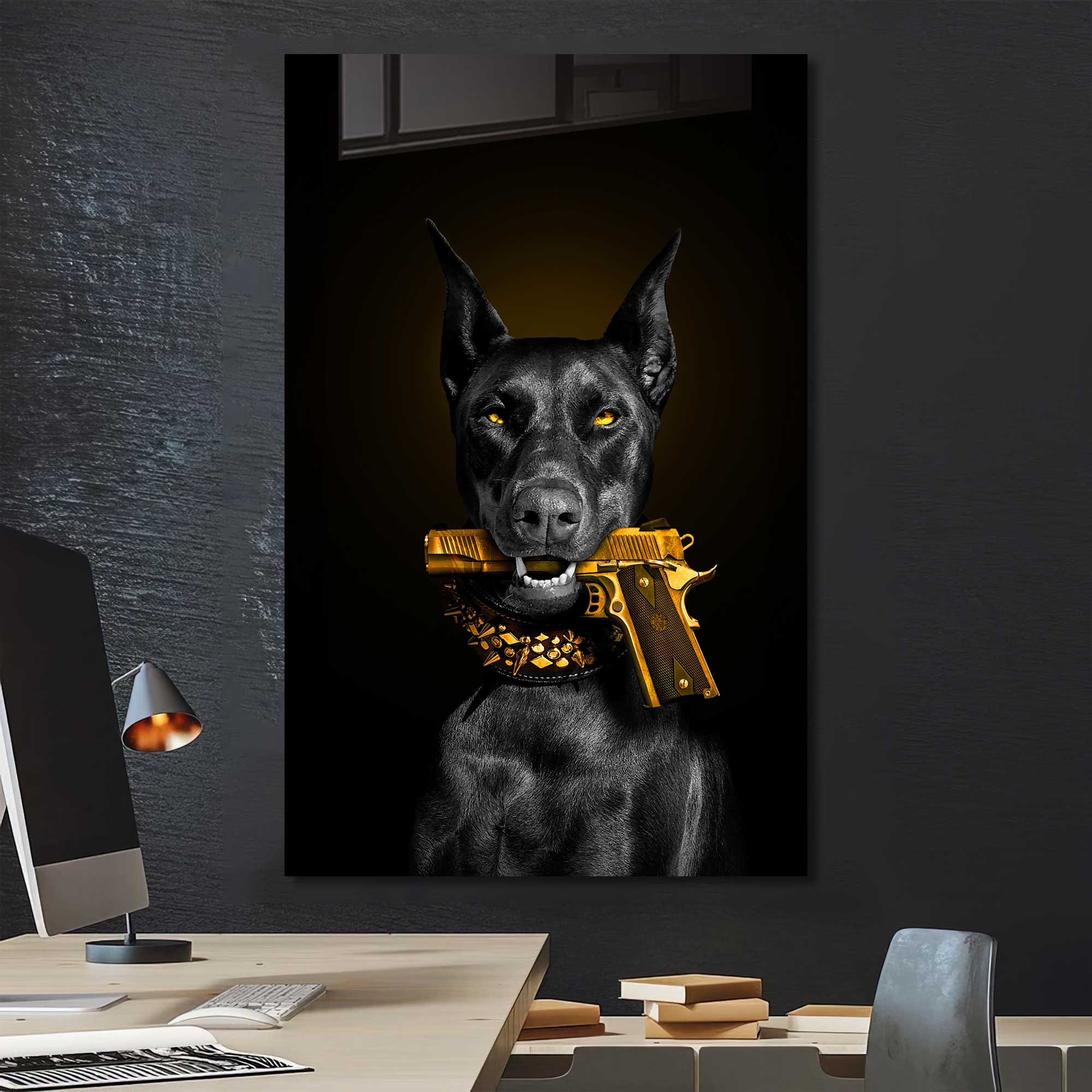Doberman Gold Tempered Glass Wall Art - Elegant Home Decor for Living Room, Bedroom & Office - Shatterproof & Stylish