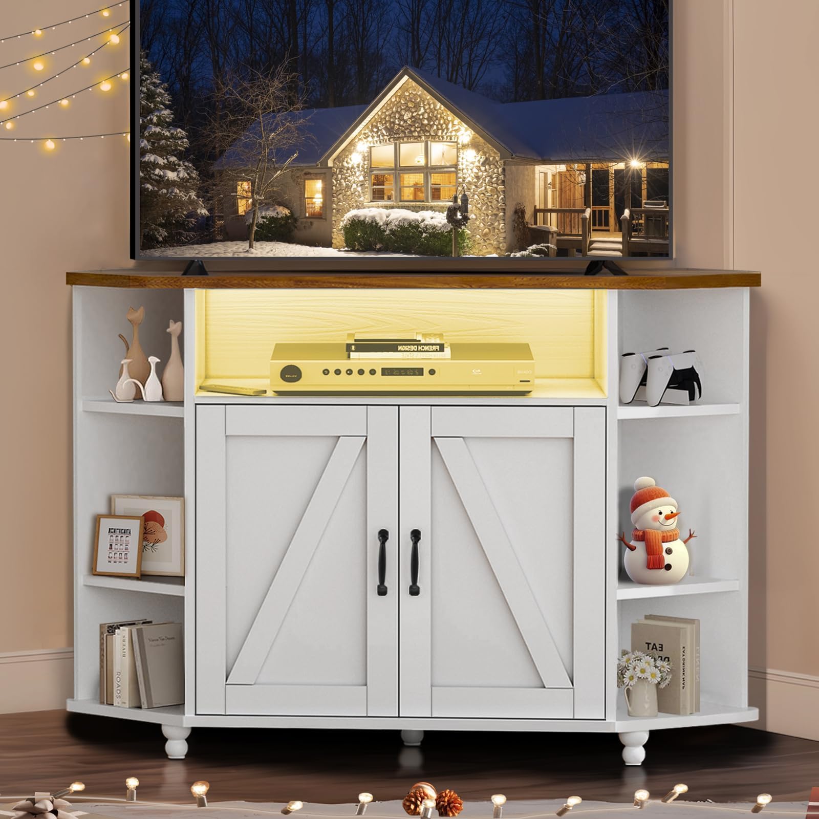 4 EVER WINNER 55 Inch Corner TV Stand with LED Lights, Adjustable Shelves & Barn Doors - Farmhouse Style Entertainment Center for Living Room, Bedroom - Perfect for Small Spaces & Home Theater Setup