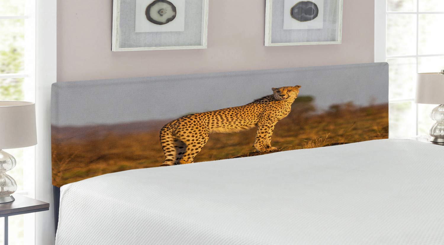Ambesonne King Size Upholstered Metal Bed Headboard with Memory Foam - Wild Cheetah Savannah Animal Print Design in Ginger Apricot Dust | Perfect for Jungle Theme Bedrooms & Safari Decor