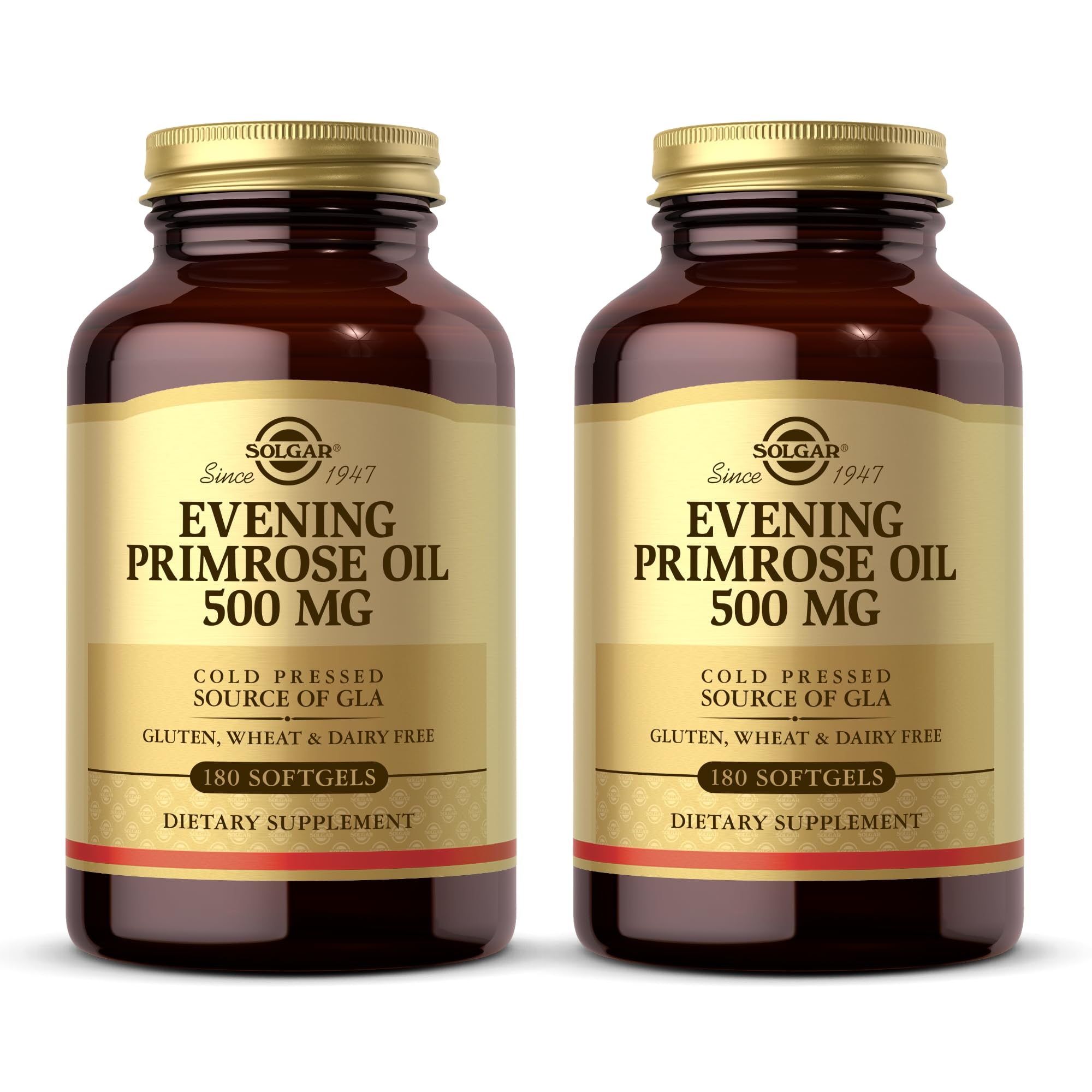 Solgar Evening Primrose Oil 500mg - 180 Softgels (Pack of 2) | Cold-Pressed GLA Supplement | Gluten Free & Dairy Free | 360 Total Servings | Supports Women's Health, Skin & Hormonal Balance