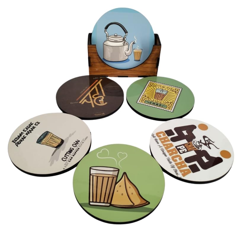 PINK PEARL Set of 6 Elegant Quote Coasters with Wood Stand - Funny Coffee Mug & Tea Cup Coasters - Perfect Gift for Tea Lovers & Chai Enthusiasts - Great for Home, Office, and Cafe Decor