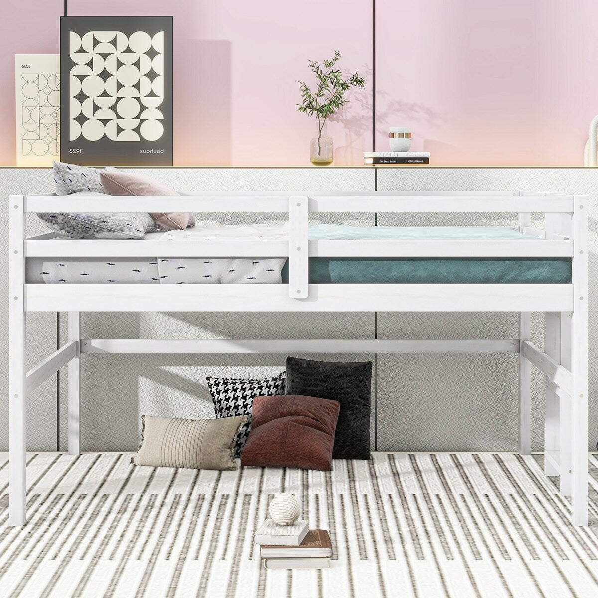Antique White Wood Twin Loft Bed with Side Ladder - Space-Saving Kids Bedroom Furniture for Small Rooms & Dorm Decor