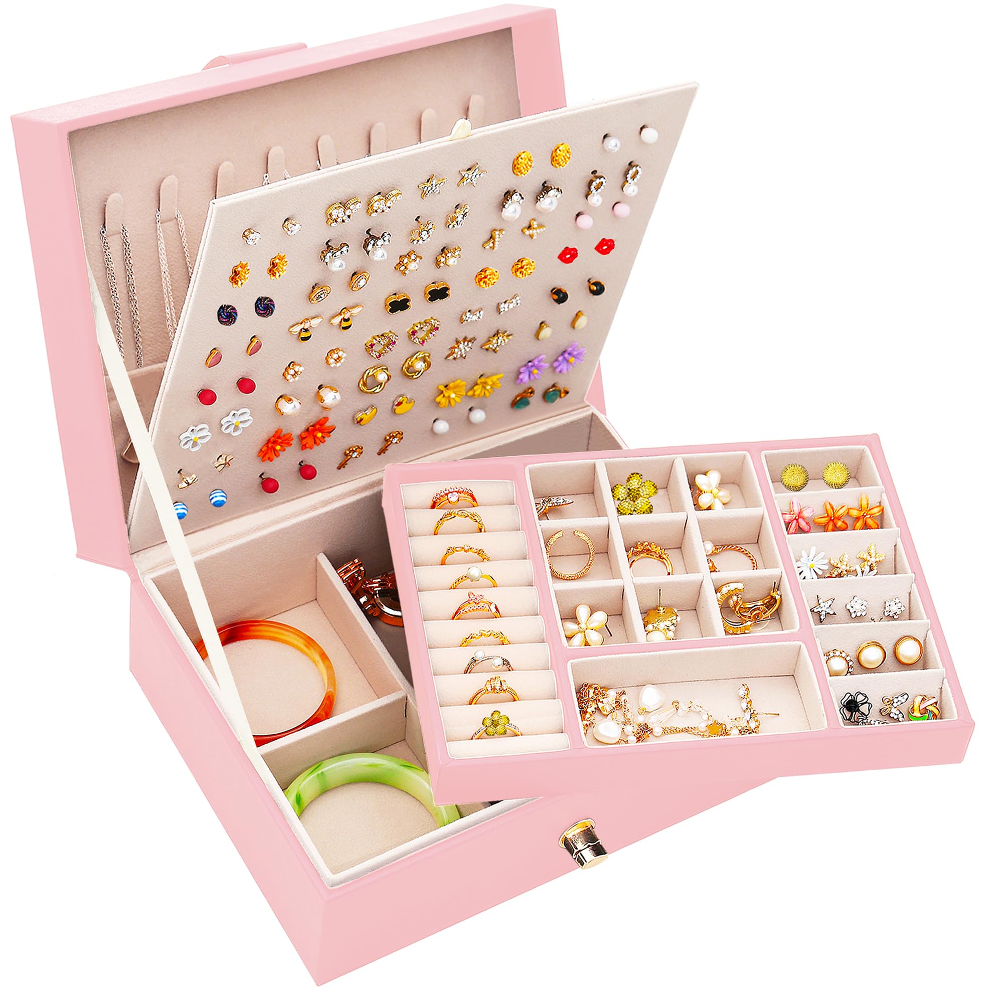 Pink Leather Jewelry Box for Women & Girls - Earring Holder Organizer for Necklaces, Rings & Earrings - Perfect for Travel, Gifts & Bedroom Storage
