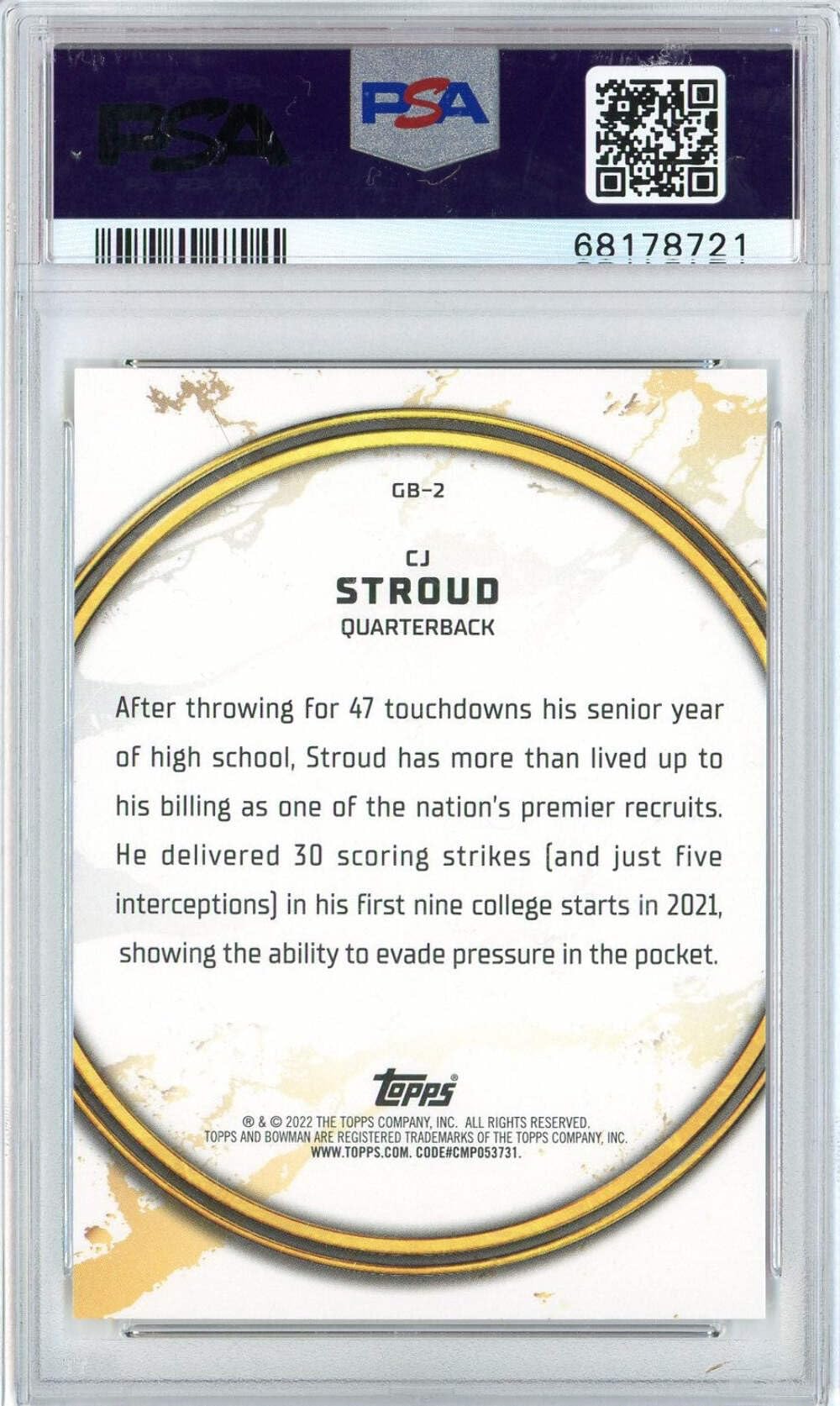 2021 Bowman University CJ Stroud #GB2 Golden Boy Rookie RC Football Card PSA 10 Gem Mint - Rare Collectible Sports Memorabilia for Trading, Investing & Display - Perfect for Football Fans, Card Collectors and Sports Enthusiasts