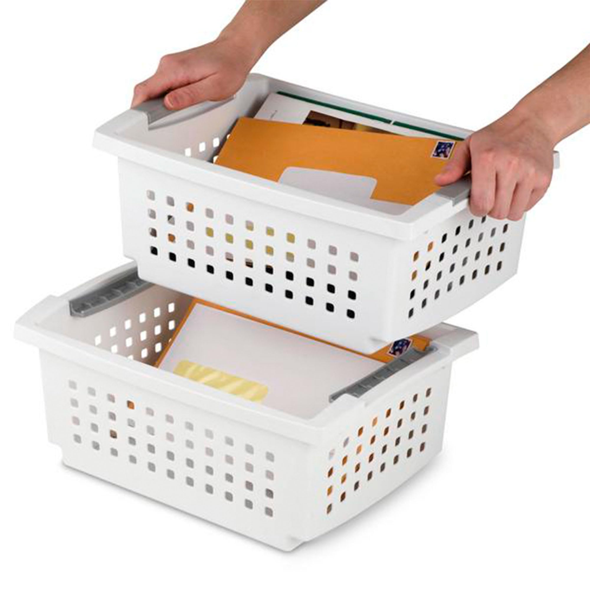 Sterilite Medium White Stackable Storage Bins with Flip-Down Accent Rails - 20 Pack for Home, Office, and Closet Organization