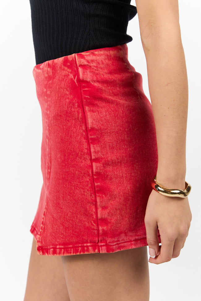Trendy Red Acid Wash Denim Skort with Side Slit - High Waist Stretch Skater Skirt for Women | Perfect for Casual Outfits, Street Style & Summer Fashion