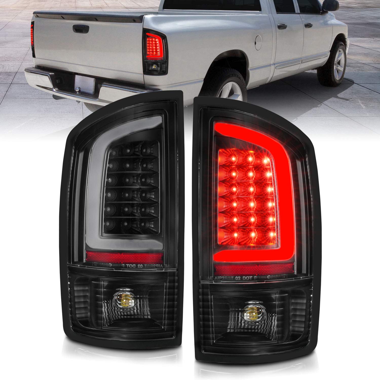 2002-2006 Dodge Ram 1500 & 2003-2006 Ram 2500/3500 Pickup Truck Black C-Type LED Tail Lights - Brake Lamp Replacement Pair (Driver & Passenger Side) - Enhanced Visibility & Style for Night Driving & Towing