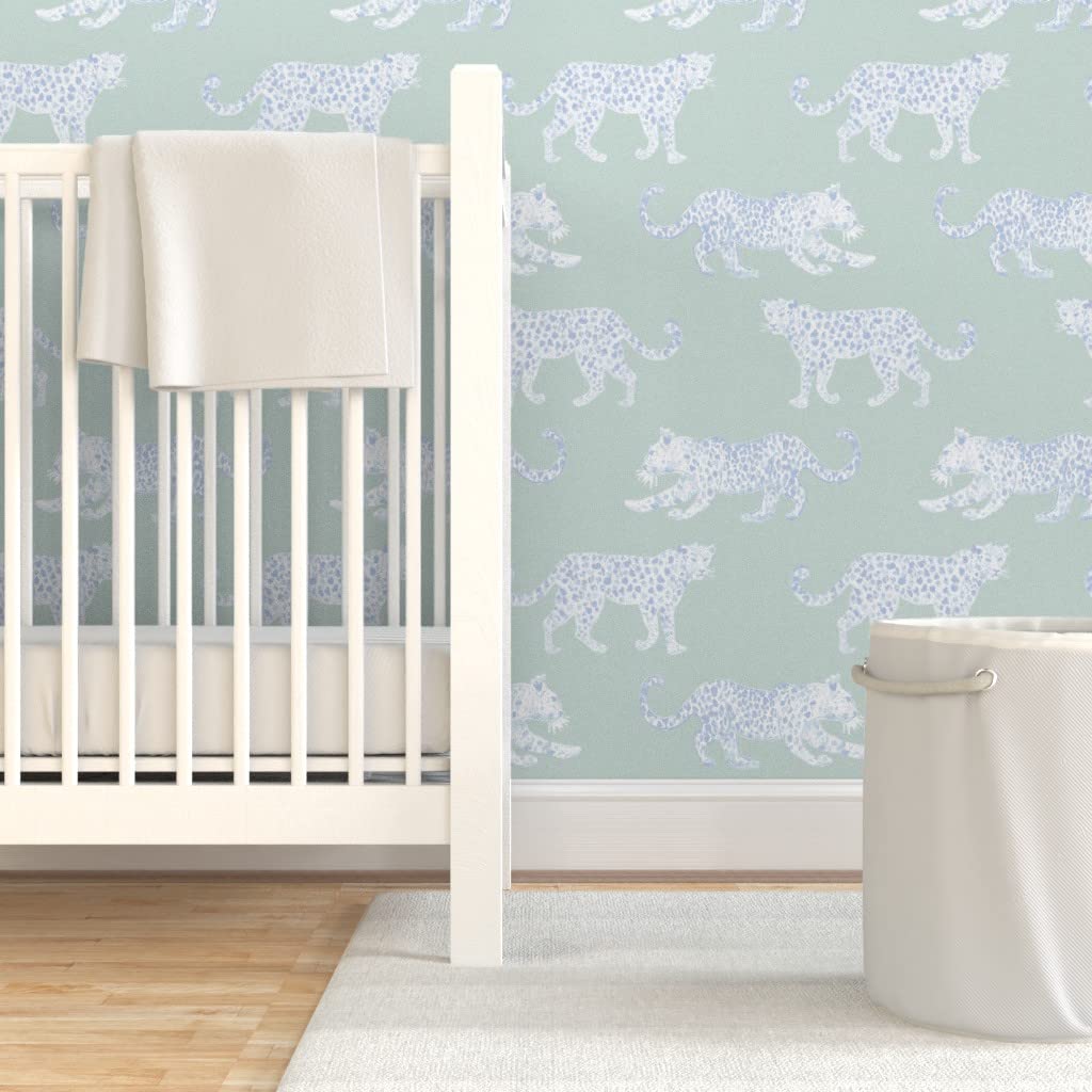 Peel & Stick Removable Wallpaper 9ft x 2ft - White Light Blue Sage Spots Animal Leopard Print Soft Green Custom Wallpaper by Spoonflower | Perfect for Nursery, Bedroom, Office & Home Decor