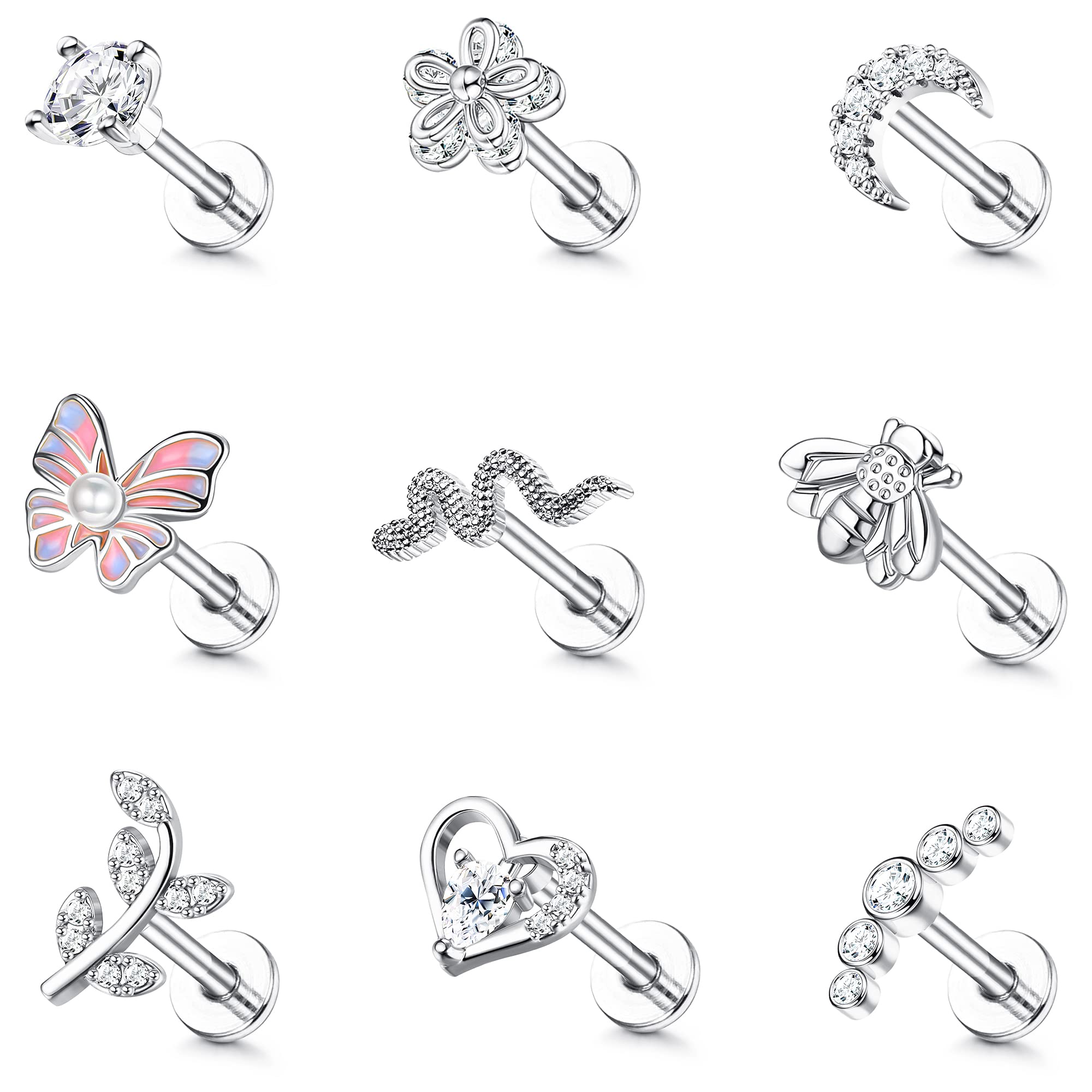 CASSIECA 9 Pcs 16G Stainless Steel Helix Earrings for Women - Flower, Butterfly, Heart, Leaf & Snake Cartilage Piercing Jewelry with CZ Stones | Flat Back Earrings for Tragus, Helix & Ear Piercing | Perfect for Everyday Wear, Parties & Gifts