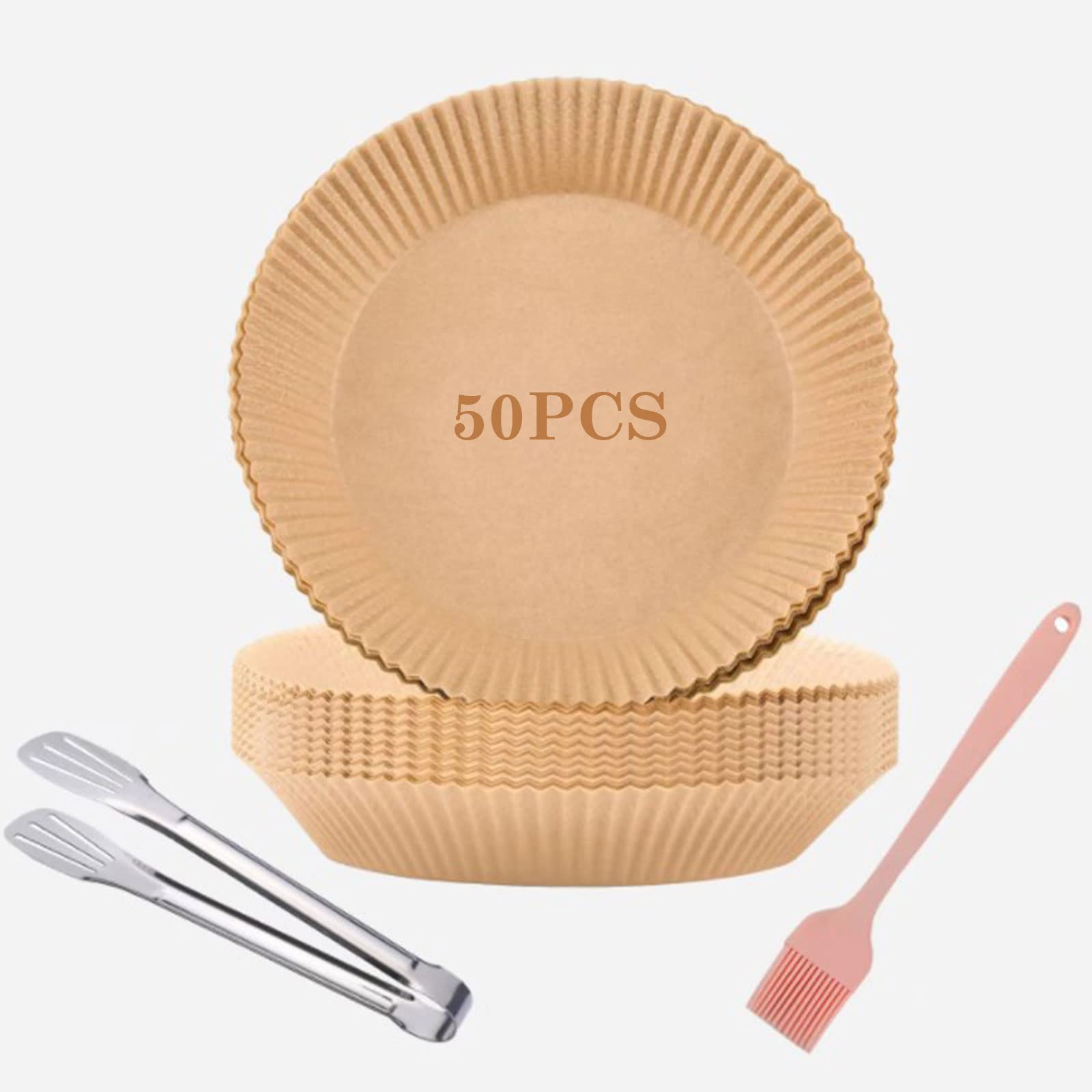 50pcs Disposable Air Fryer Paper Liners - Non-Stick, Degradable Round Cooking Sheets for Baking, Roasting & Microwave | Includes Tongs & Brush | Perfect for Home Kitchen, Meal Prep & Healthy Cooking