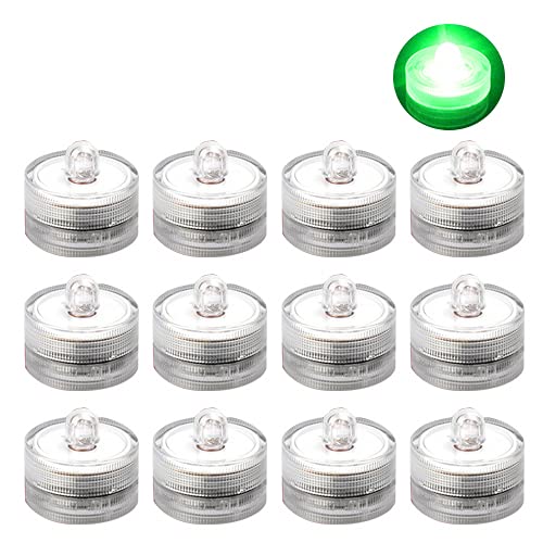 Soaoun 12-Pack Battery Operated LED Tea Lights - Waterproof Submersible Flameless Candles for Wedding, Party, Home Decor & Outdoor Use (Green)