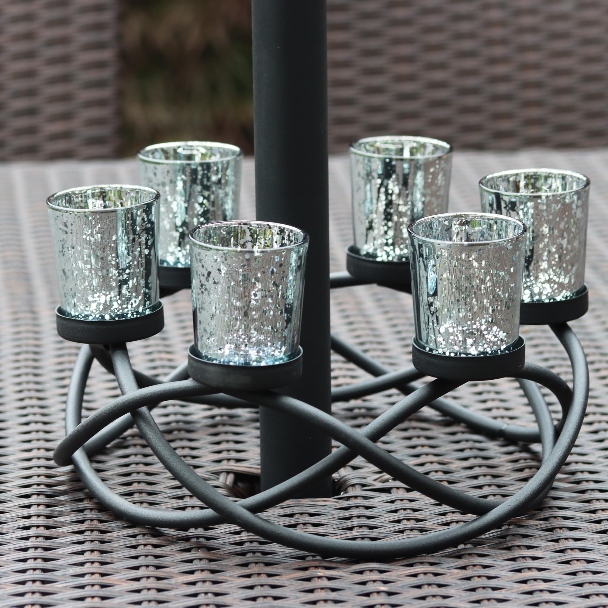 Seraphic Iron Round Table Decor - Christmas Centerpiece & Candle Holder for Weddings, Outdoor Patio, Dining Room, Coffee Tables - Glass Votive Tealight Holders (Black with 6 Silver Cups) - Perfect for Holiday Decorations, Romantic Dinners & Home Interior Design