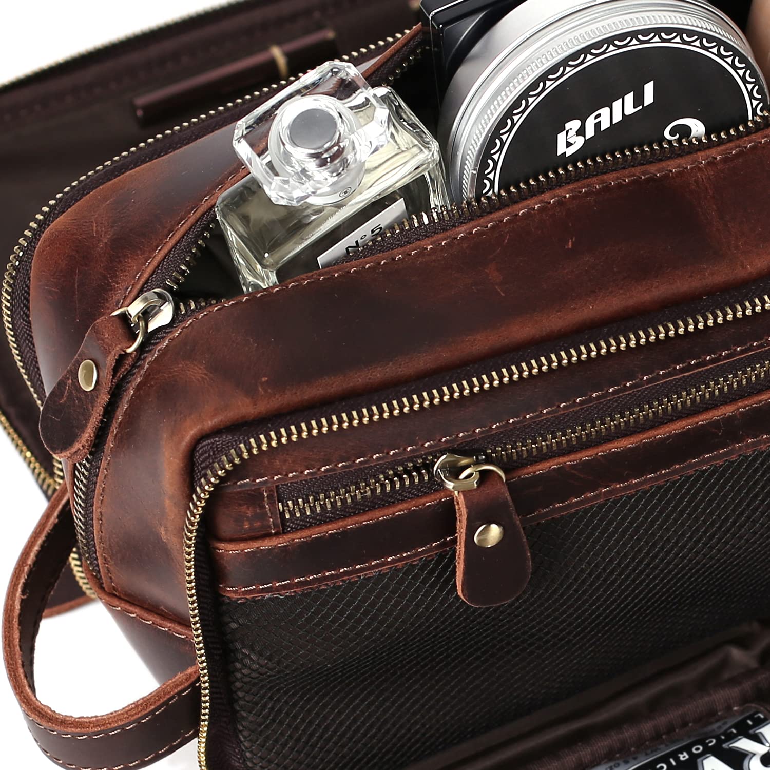 Premium Full Grain Leather Toiletry Bag for Men - Personalized Travel Shaving Dopp Kit, Large Cosmetic Organizer with Monogram Option (Coffee Brown) - Perfect for Business Trips, Gym Essentials & Bathroom Storage