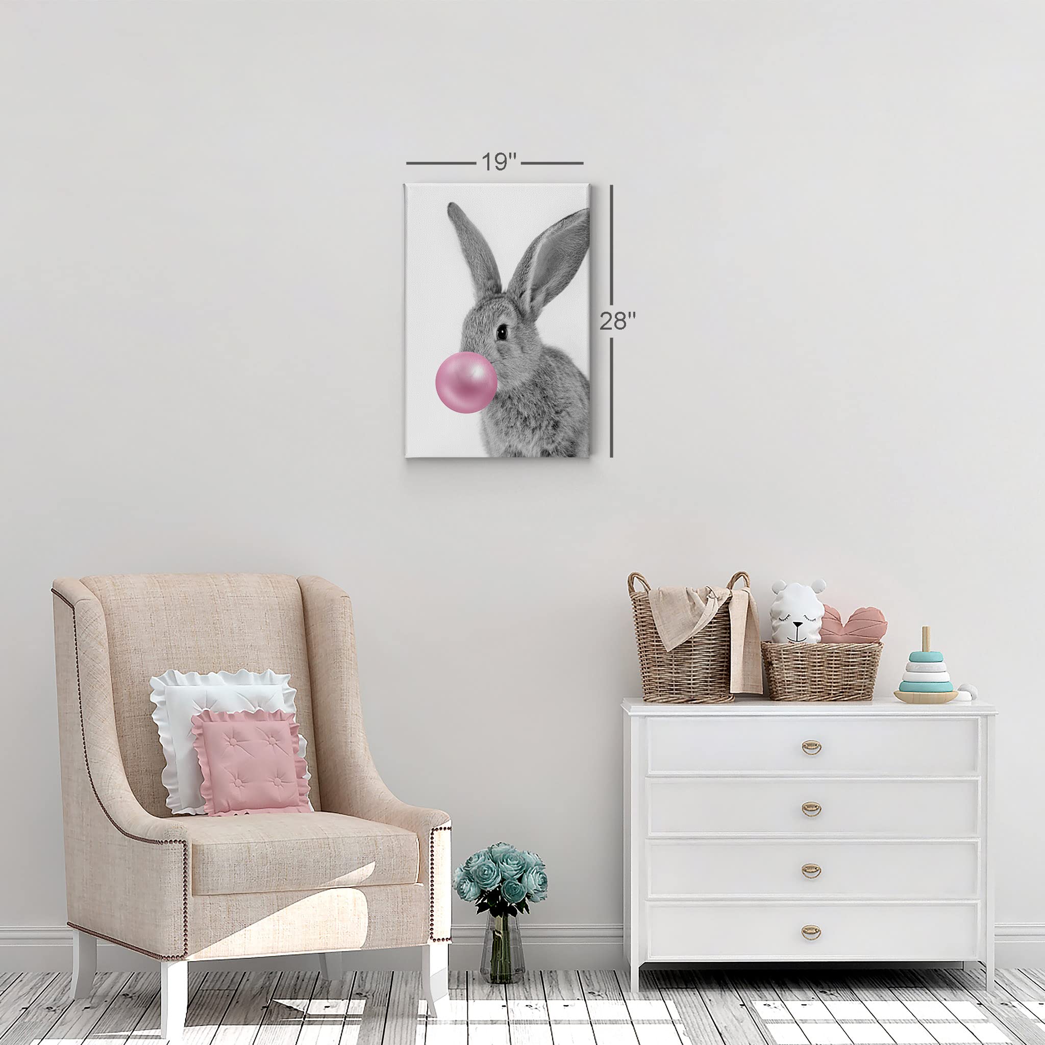 Smile Art Design Bunny Rabbit Canvas Print - Pink Bubble Gum Art, Black & White Wall Decor for Kids Room, Nursery, Gift - Stretched & Ready to Hang (36x24) | Made in USA | Perfect for Baby Showers, Children's Bedrooms & Playroom Decor
