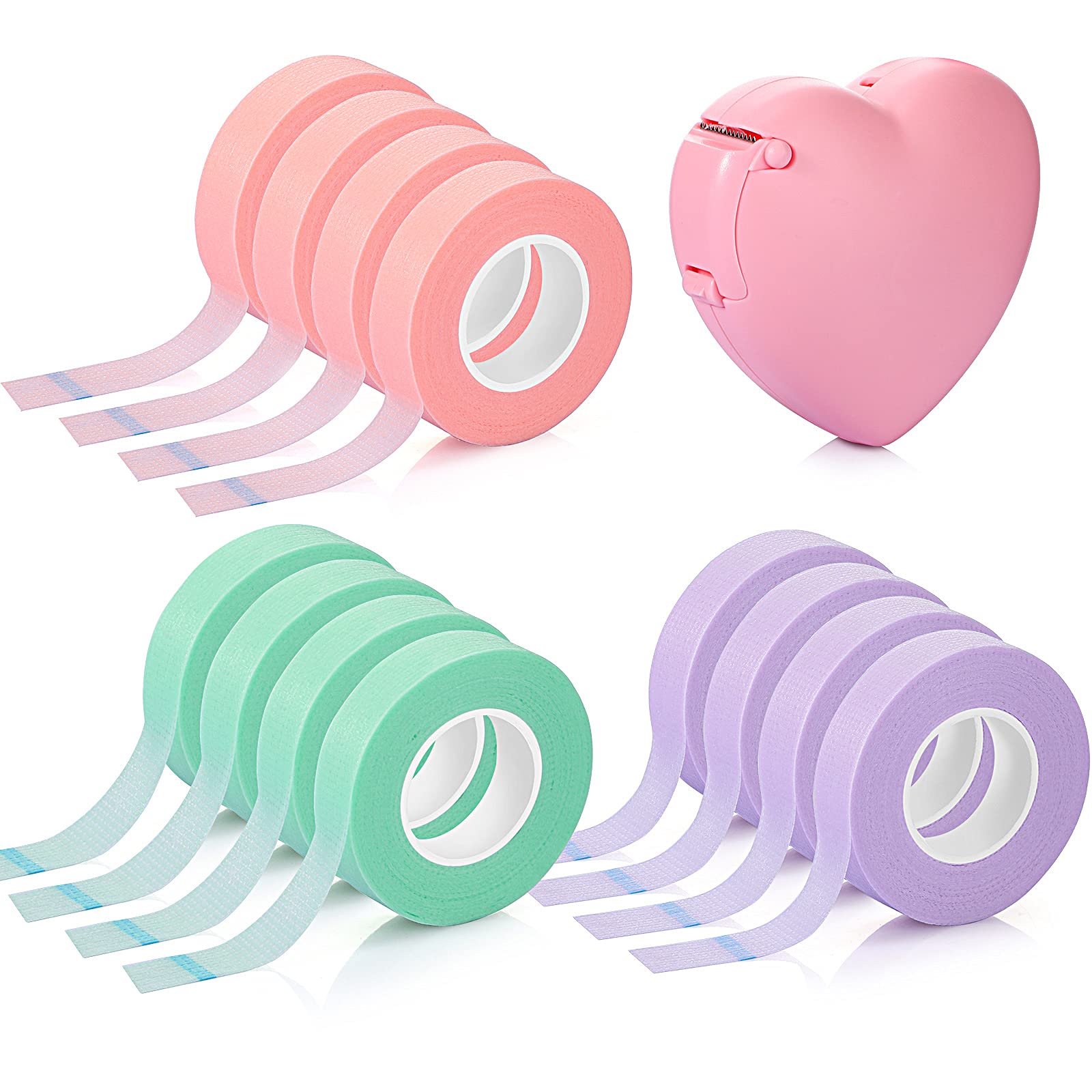 Maitys Breathable Eyelash Extension Tape - 0.5 Inch Wide Non-Woven Fabric Lash Strips with Heart-Shaped Dispenser Cutter (10 Yards, Pink/Purple/Green) | Professional Lash Isolation for Salon & Home Use