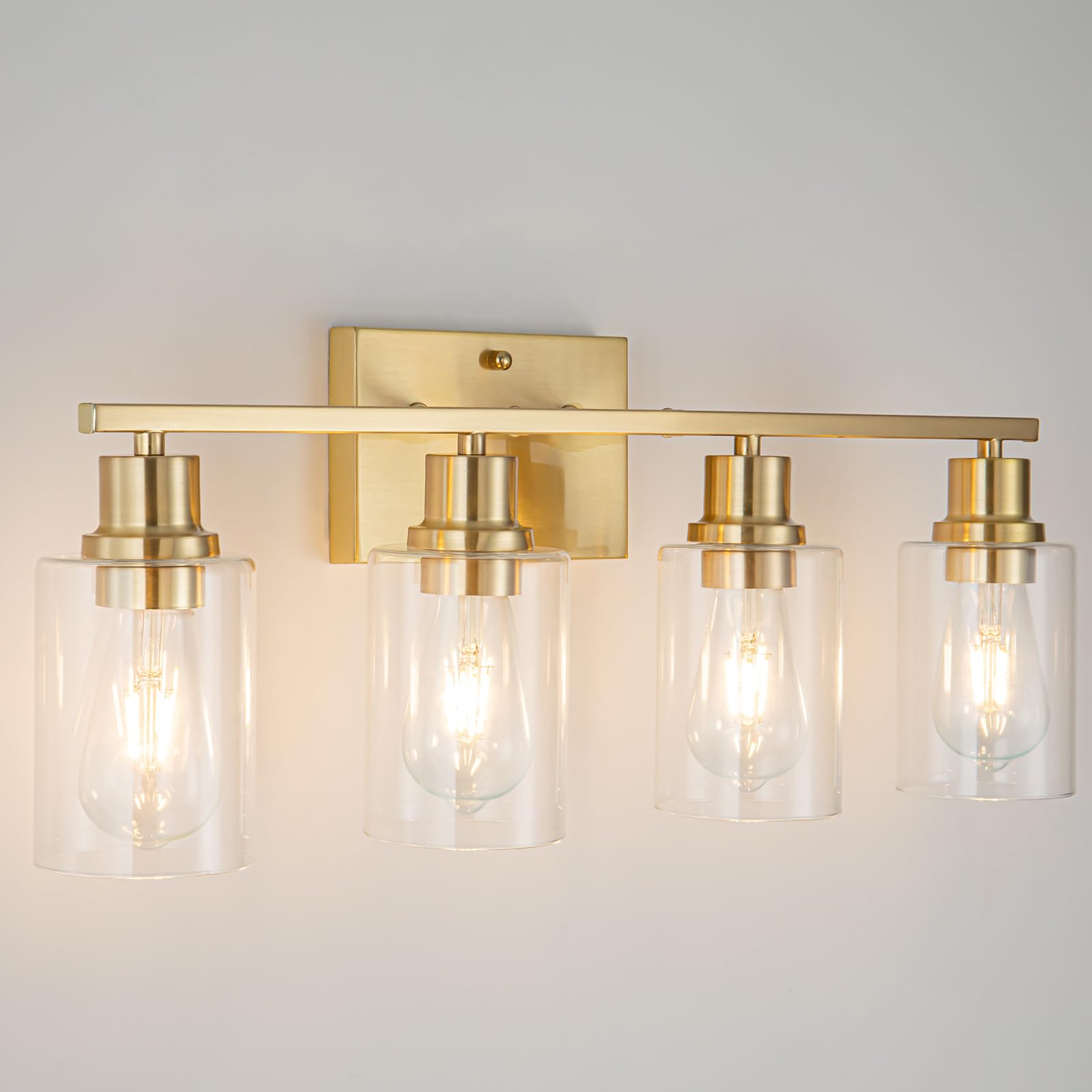 4-Lights Gold Bathroom Vanity Light Fixture - Brushed Brass Modern Wall Sconce with Clear Glass Shade - Perfect for Bathroom, Living Room, Hallway & Bedroom Lighting Decor