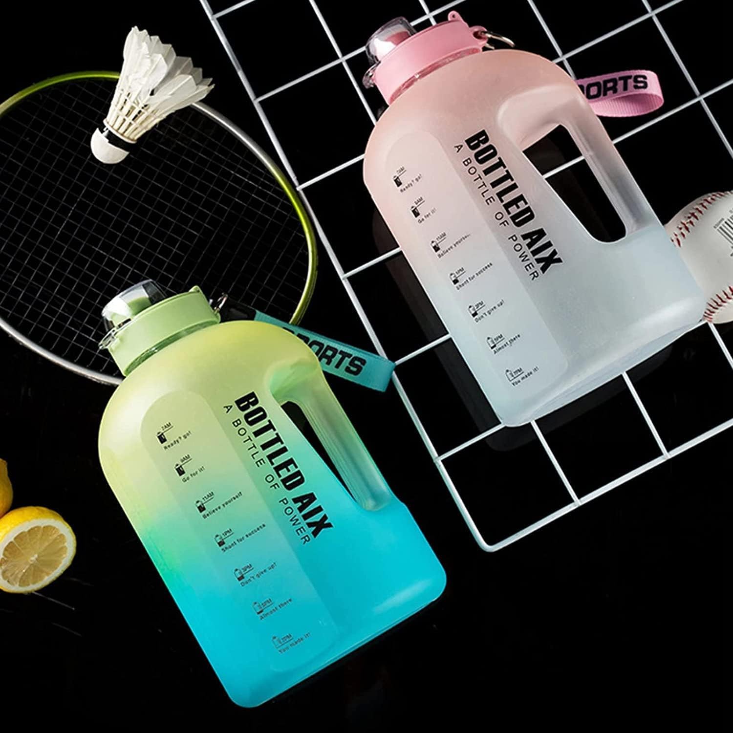 RELEMTRA 2.2L Large Water Bottle with Time Marker - Gradient Sports Water Bottle with Strap & Wide Mouth for Ice Cubes - Perfect for Outdoor Activities, Gym Workouts & Hiking (Green)