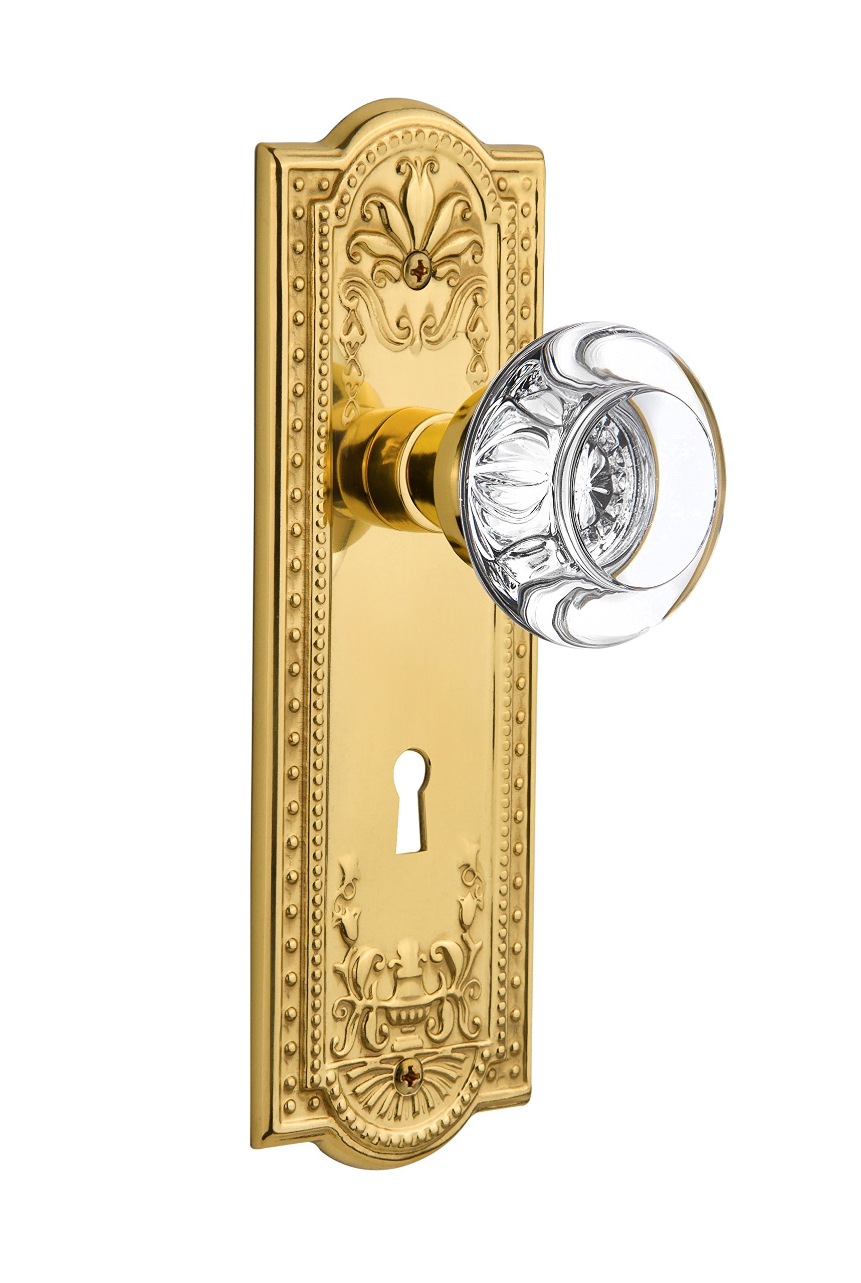 Vintage Polished Brass Single Dummy Door Knob with Keyhole & Clear Crystal Glass - Nostalgic Warehouse 712368 Meadows Plate - Perfect for Victorian, Cottage & Farmhouse Style Home Decor