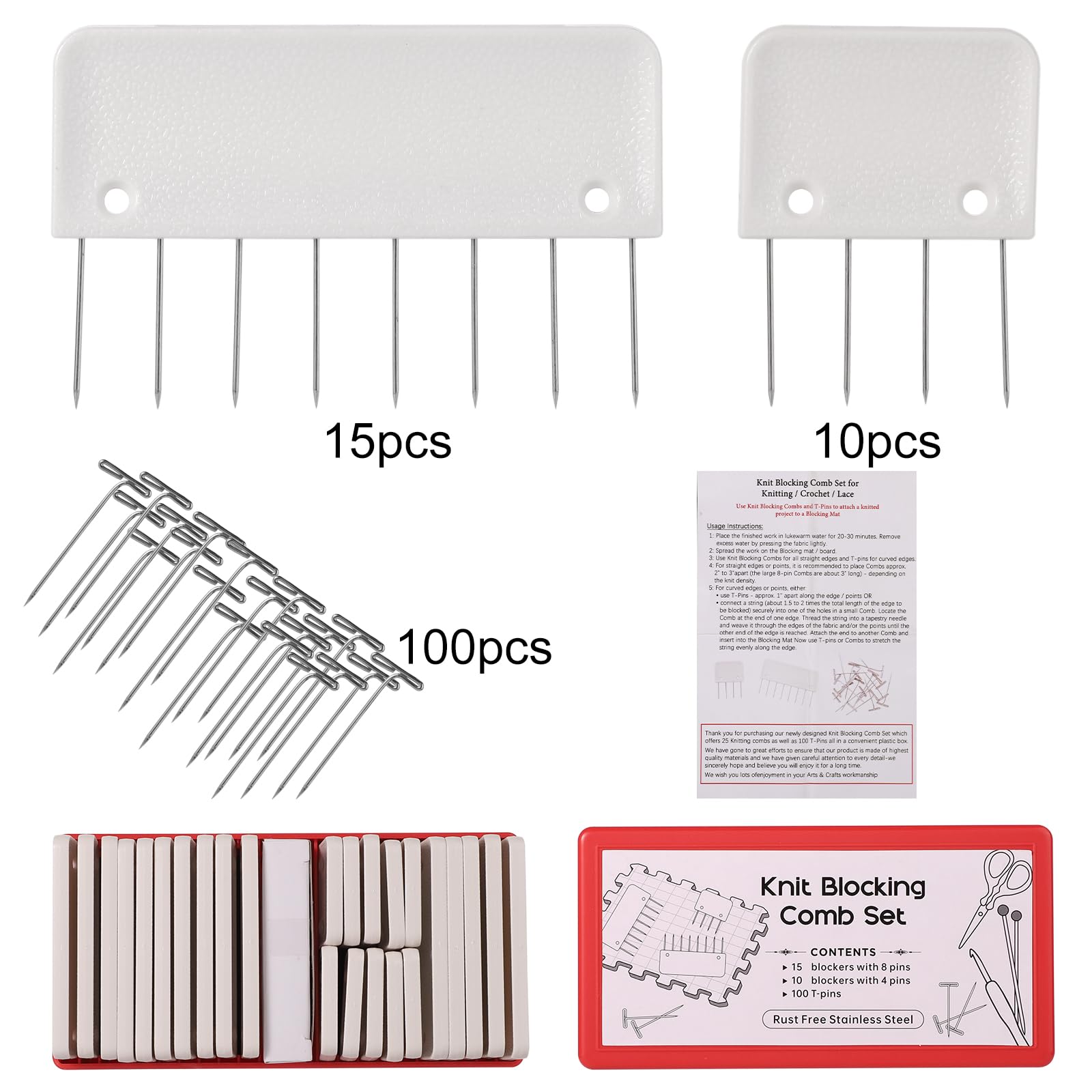 125pcs Knit Blocking Pins Kit with 25pcs Combs & 100pcs T Pins - Professional Knitting Blocking Tools for Crochet, Lacework, Needlework - Perfect for Shawls, Sweaters & DIY Fiber Arts Projects