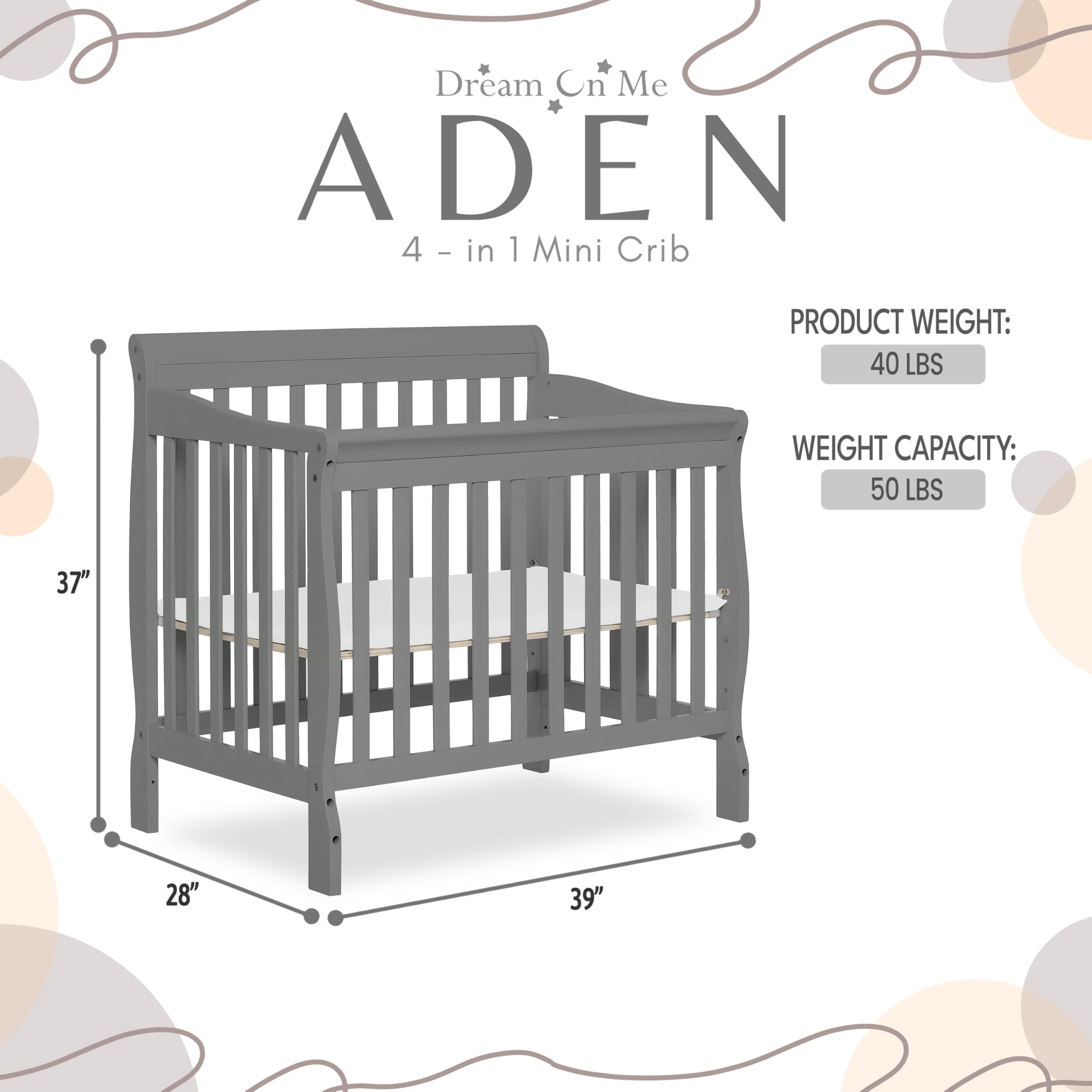 Dream On Me Aden 4-in-1 Convertible Mini Crib - Steel Grey | Greenguard Gold Certified | Non-Toxic New Zealand Pinewood | 3 Adjustable Mattress Heights | Perfect for Nursery, Small Spaces & Travel