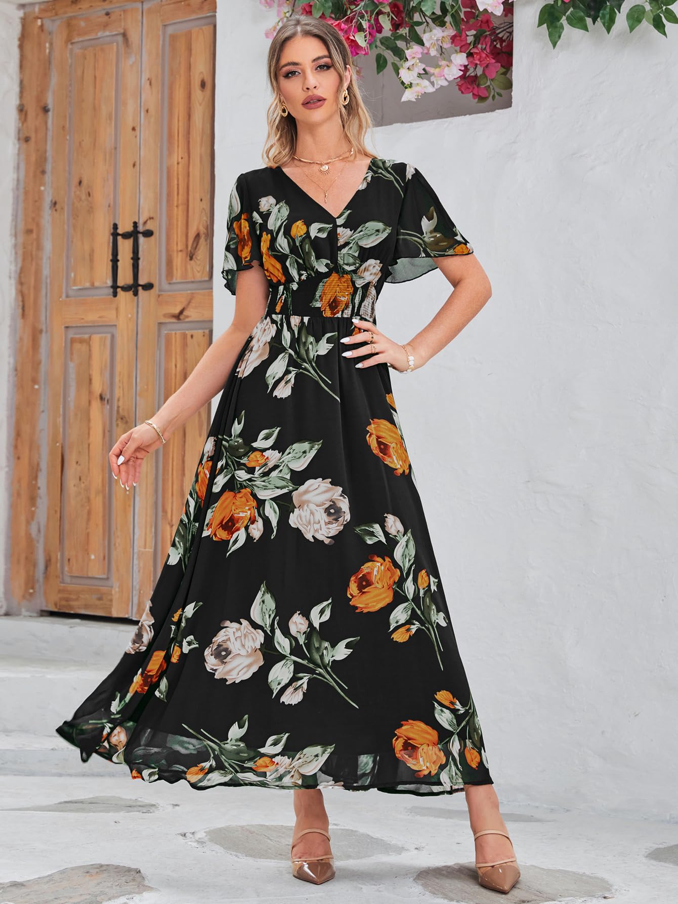 Boho Floral Maxi Dress for Women - Flowy Casual V-Neck Short Sleeve Wedding Guest Dress, Beach Holiday Long Dress for Summer Vacations & Outdoor Events