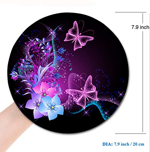 Glowing Pink Butterfly Mouse Pad with Floral Design - Non-Slip Round Rubber Gaming Mouse Mat for Office & Laptop - Waterproof Small Circular Mousepad for Work, Gaming & Home Use