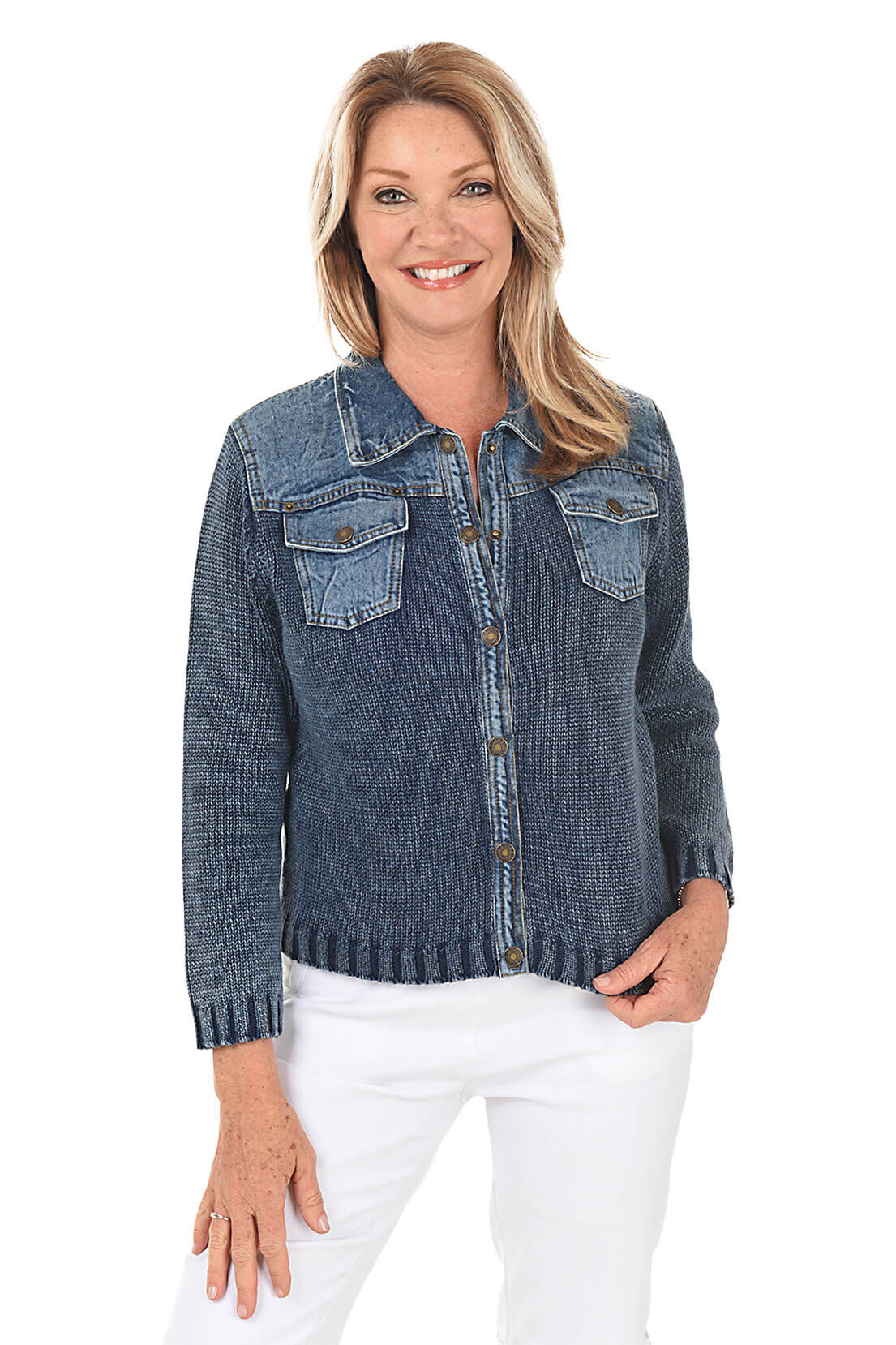 Button Front Denim Sweater Jacket for Women - Stylish Casual Outerwear for Fall & Winter - Perfect for Layering, Work, and Weekend Outings