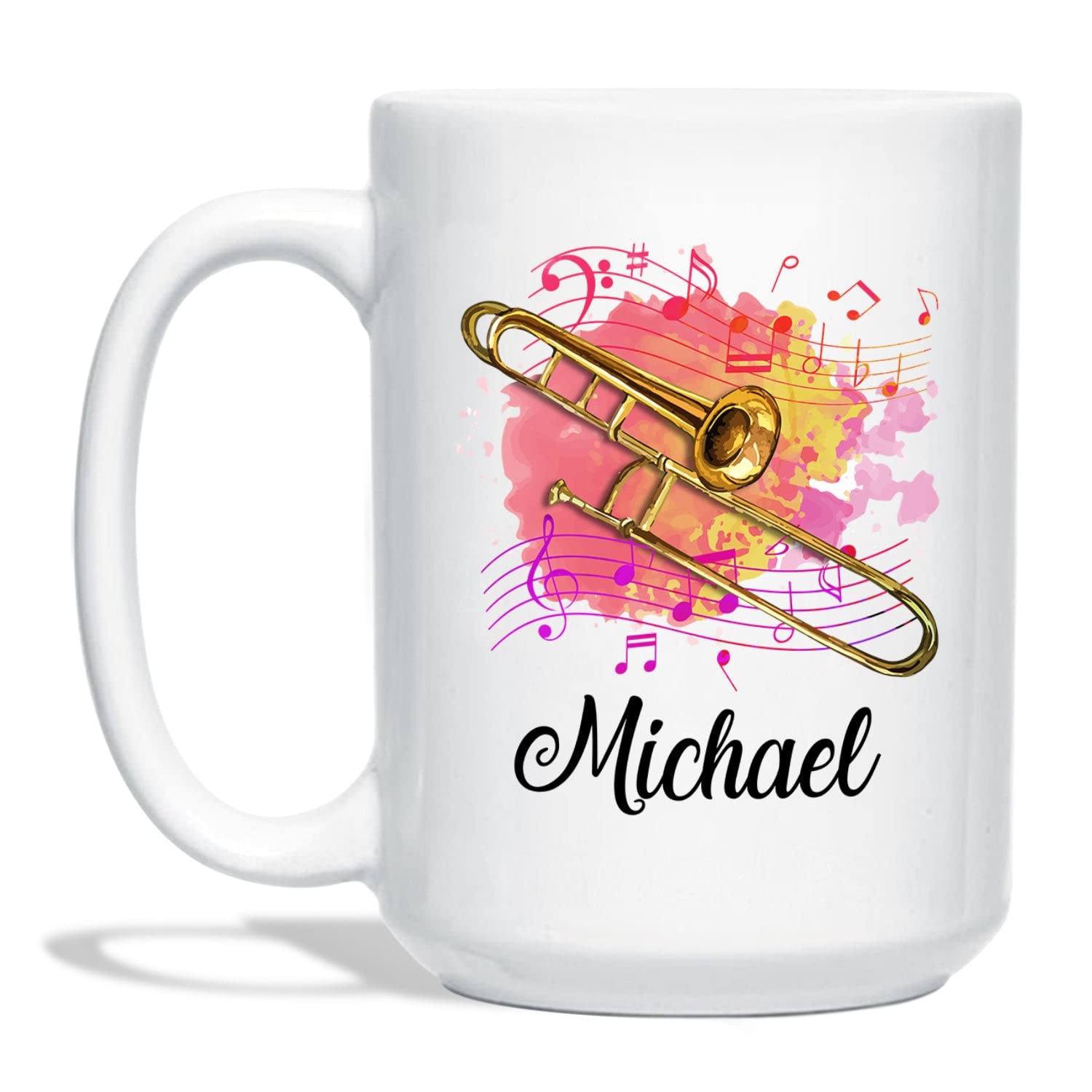 **Personalized Trombone Coffee Mug 11-15 Oz - Custom Name Trombone Player Travel Mug - Unique Gift for Musicians, Men & Women - Perfect for Birthdays, Band Rehearsals & Coffee Breaks**
