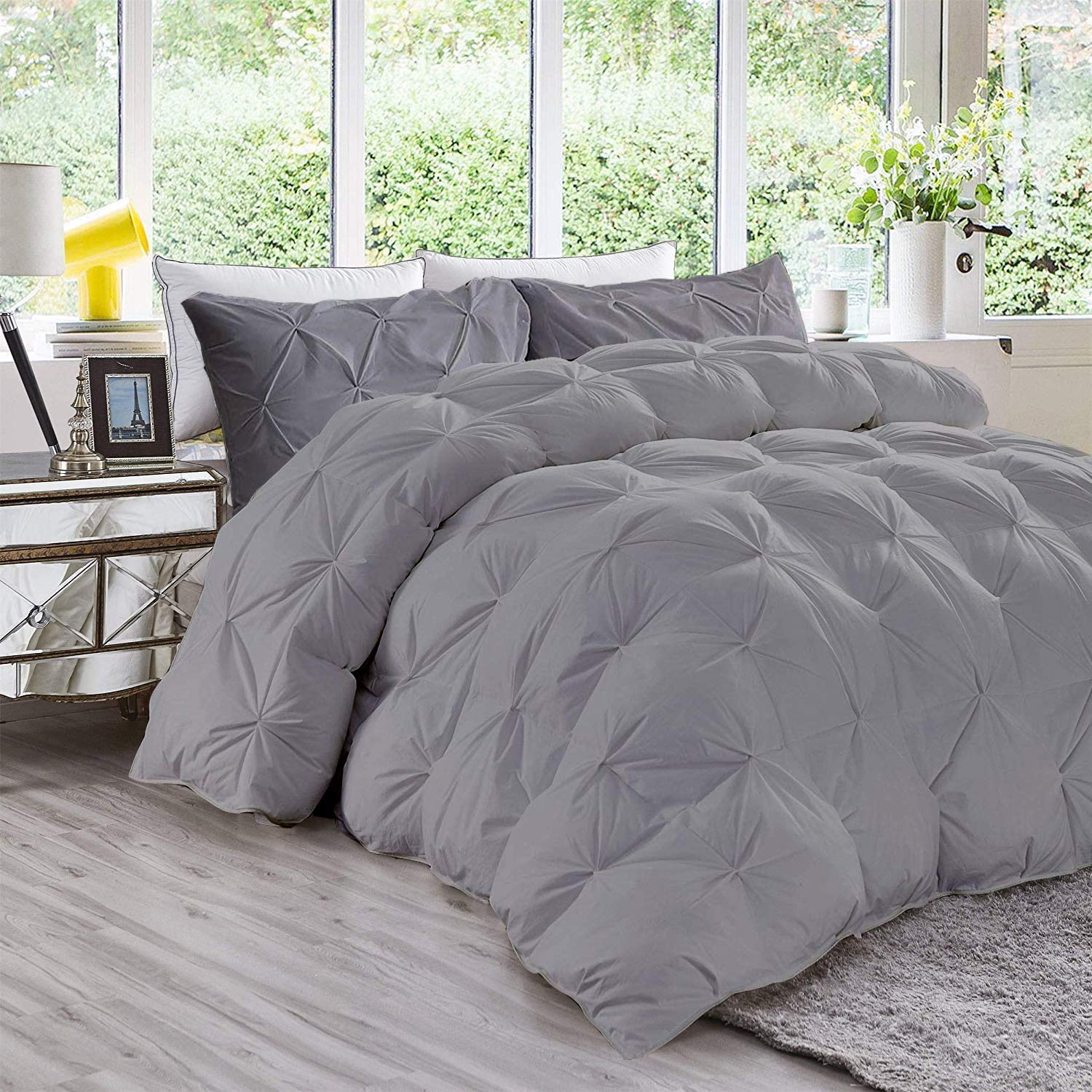 Premium 600 GSM All-Season Quilted Pinch Pleated Comforter Set - 3 Piece (Comforter + 2 Pillow Shams) | 100% Cotton Duvet Insert | Full/Queen Size | Light Grey | Ultra Soft & Fluffy | Perfect for Master Bedroom, Guest Room & Cozy Home Decor