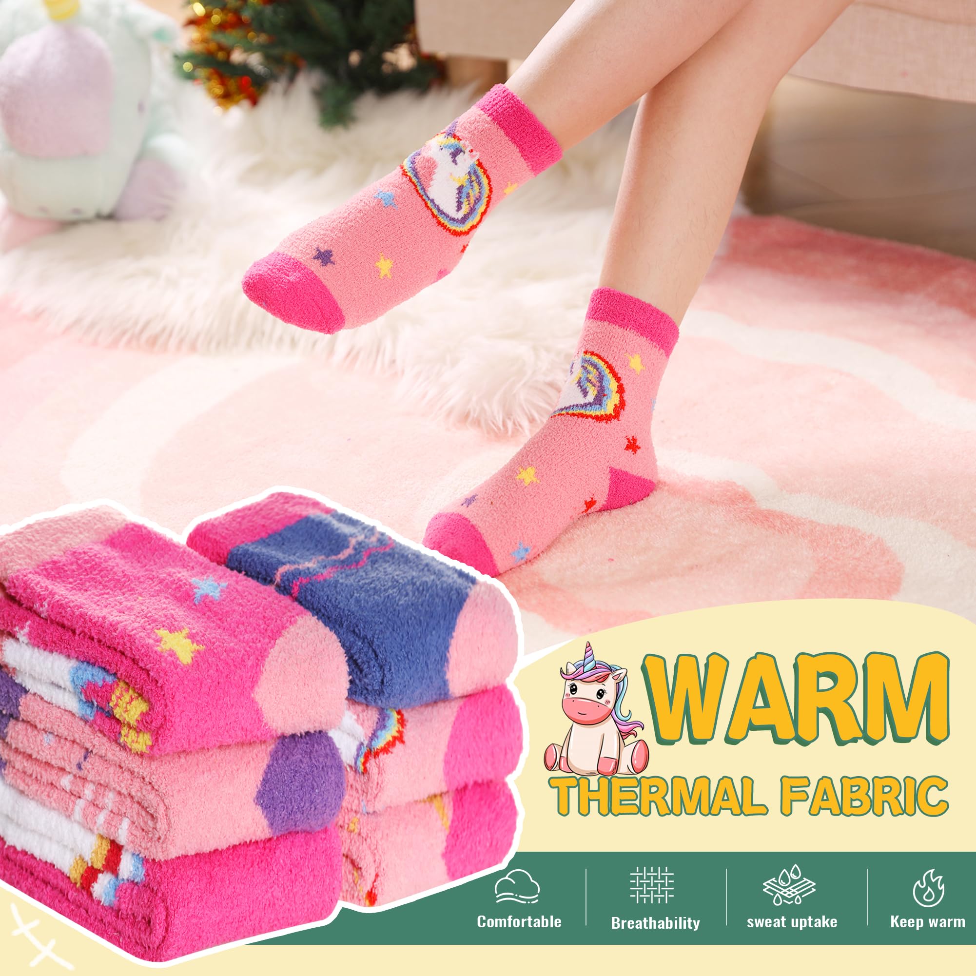 **Non-Slip Fuzzy Slipper Socks for Kids - Warm & Soft Plush Thermal Crew Socks (6 Pairs) - Perfect for Winter, Indoor Play & Cozy Home Wear**
