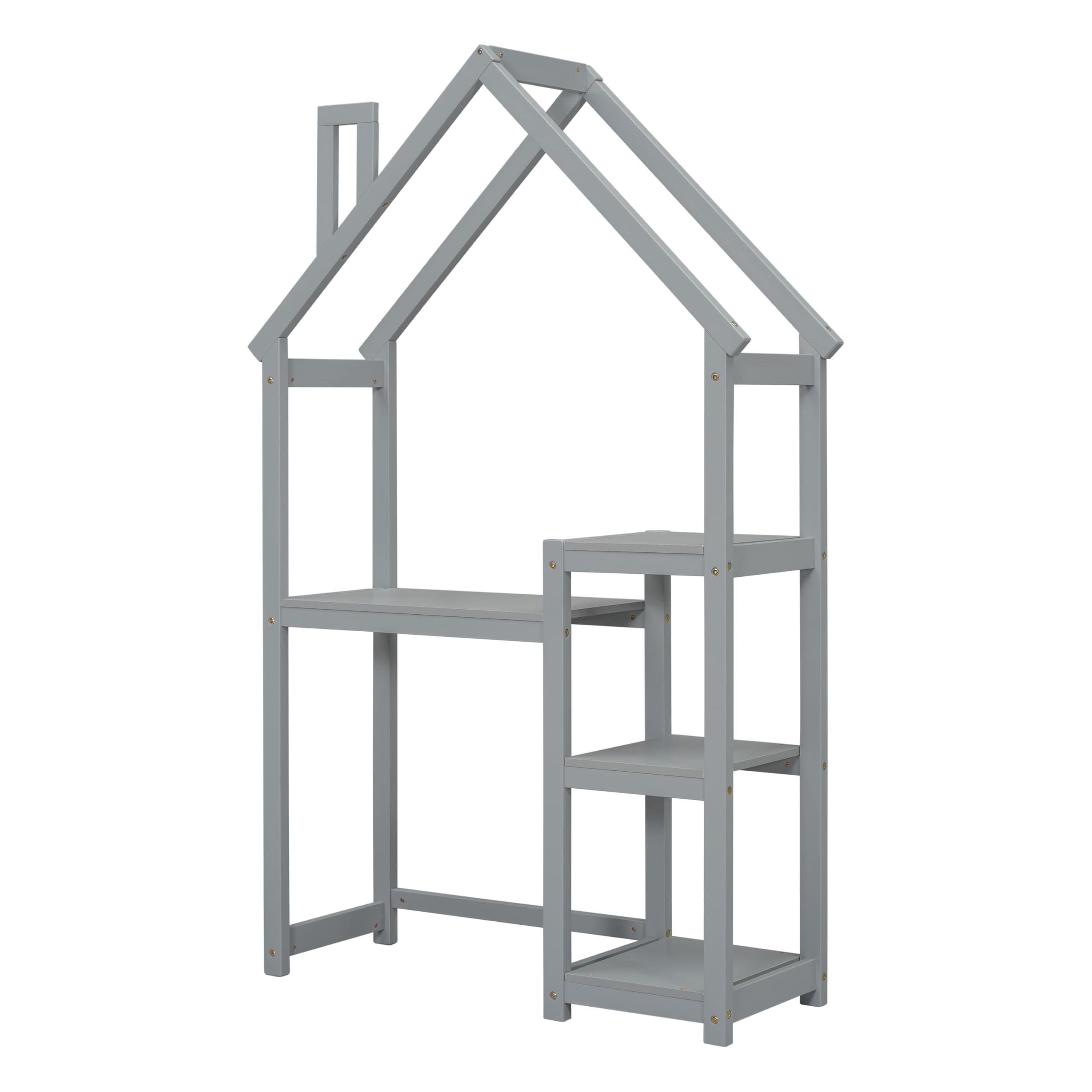 Kids Wooden House-Shaped Writing Desk - Multi-Functional Study Table with 3-Tier Storage Shelves, Open Bookshelf & Toy Organizer - Stylish Grey Roof Design for Bedroom, Playroom or Homeschooling