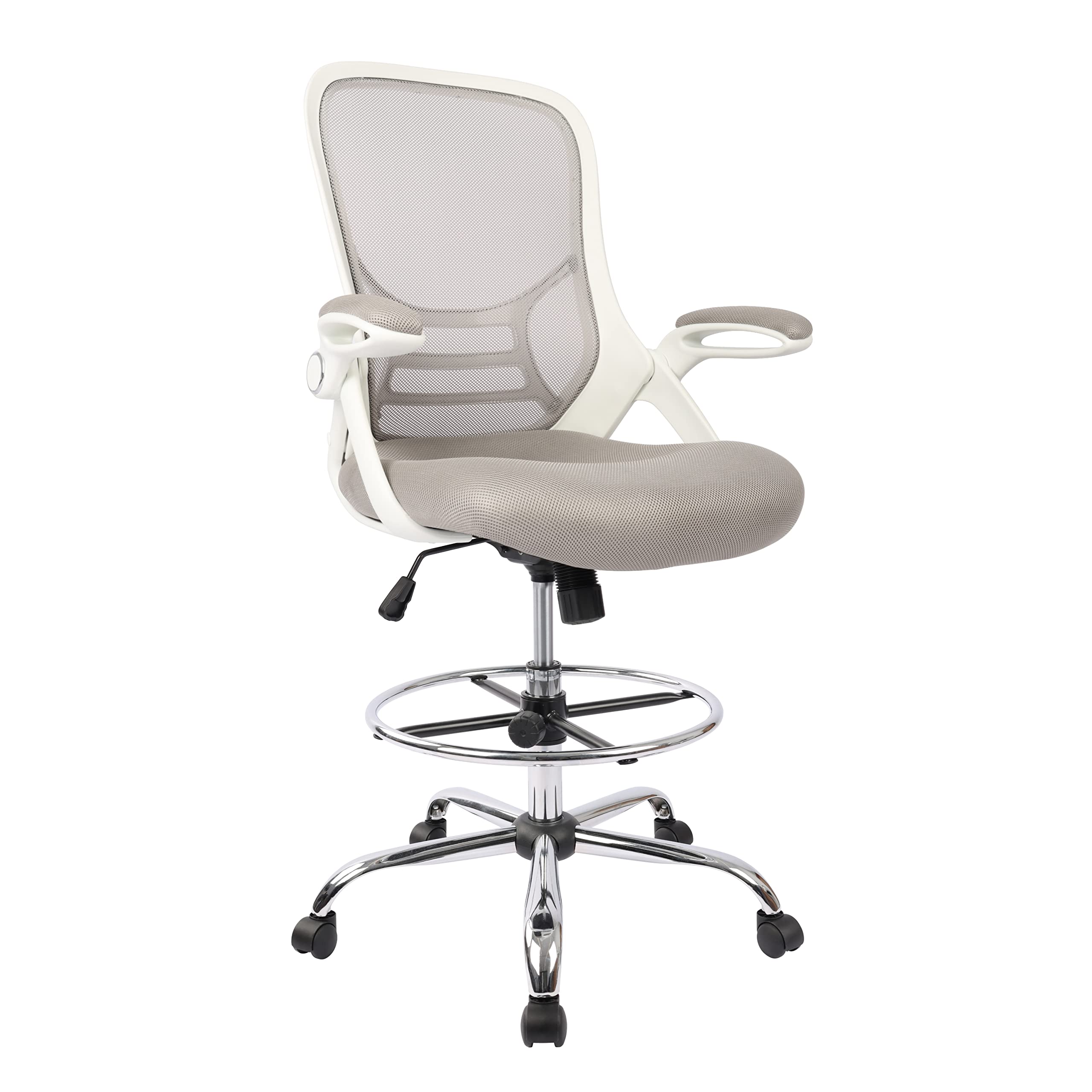 HYLONE Adjustable Drafting Chair - Ergonomic Tall Office Chair with Flip-Up Arms, Mesh High Back & Foot Ring for Standing Desks - White & Grey - Perfect for Architects, Artists & Home Office Workspaces