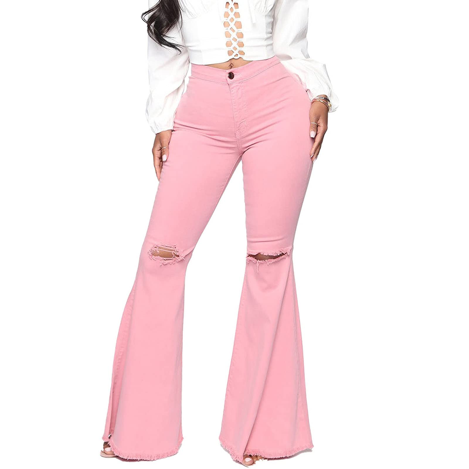 Women's High Waist Flared Jeans with Pockets - Stretchy Denim Wide Leg Trousers for Casual & Work Outfits | Perfect for Date Night, Office Wear & Everyday Fashion