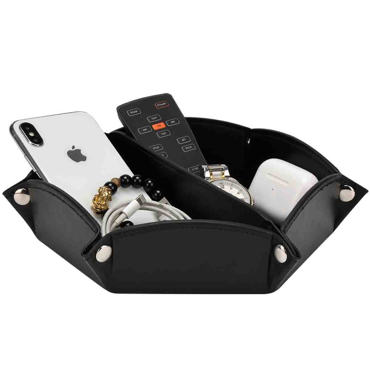 LISRSC Premium PU Leather Valet Tray - Desk Organizer, Jewelry & Key Catchall Tray for Nightstand, Dresser, Vanity | EDC, Dice & Essentials Storage | Black    Perfect for organizing jewelry, keys, coins, watches, and daily essentials on your nightstand, dresser, or vanity. Ideal for home, office, and travel use.