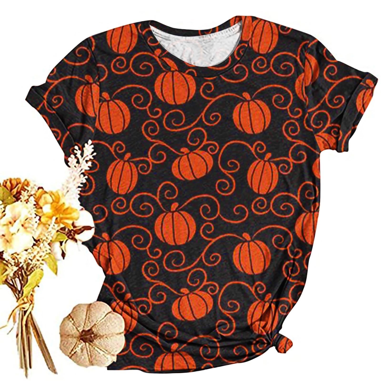 Funny Pumpkin Printed Cute Halloween T-Shirt for Women - Orange Graphic Fall Tee - Halloween Costume & Fashion Gift - Perfect for Halloween Parties, Trick or Treating & Autumn Outfits