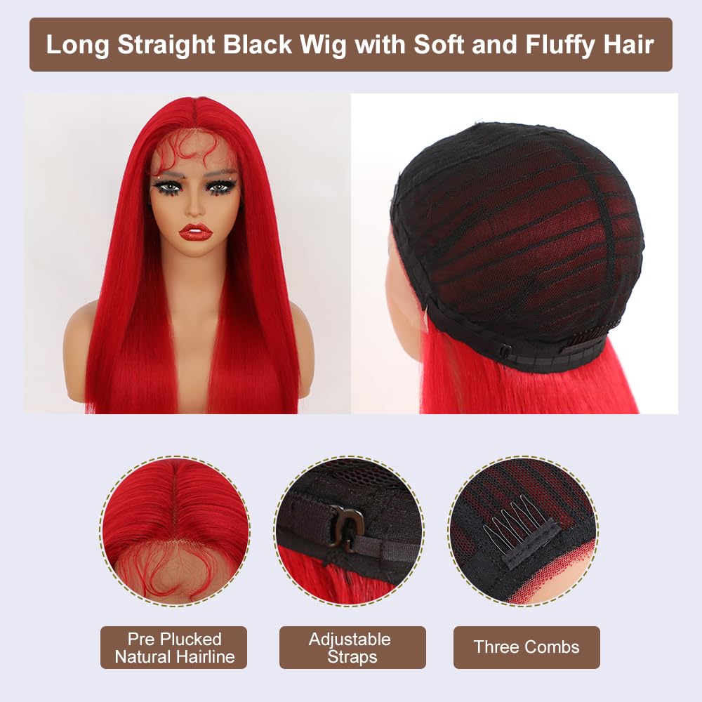 Red Long Straight Synthetic Lace Front Wig - Heat Resistant & Glueless for Women | Perfect for Cosplay, Halloween, and Daily Fashion