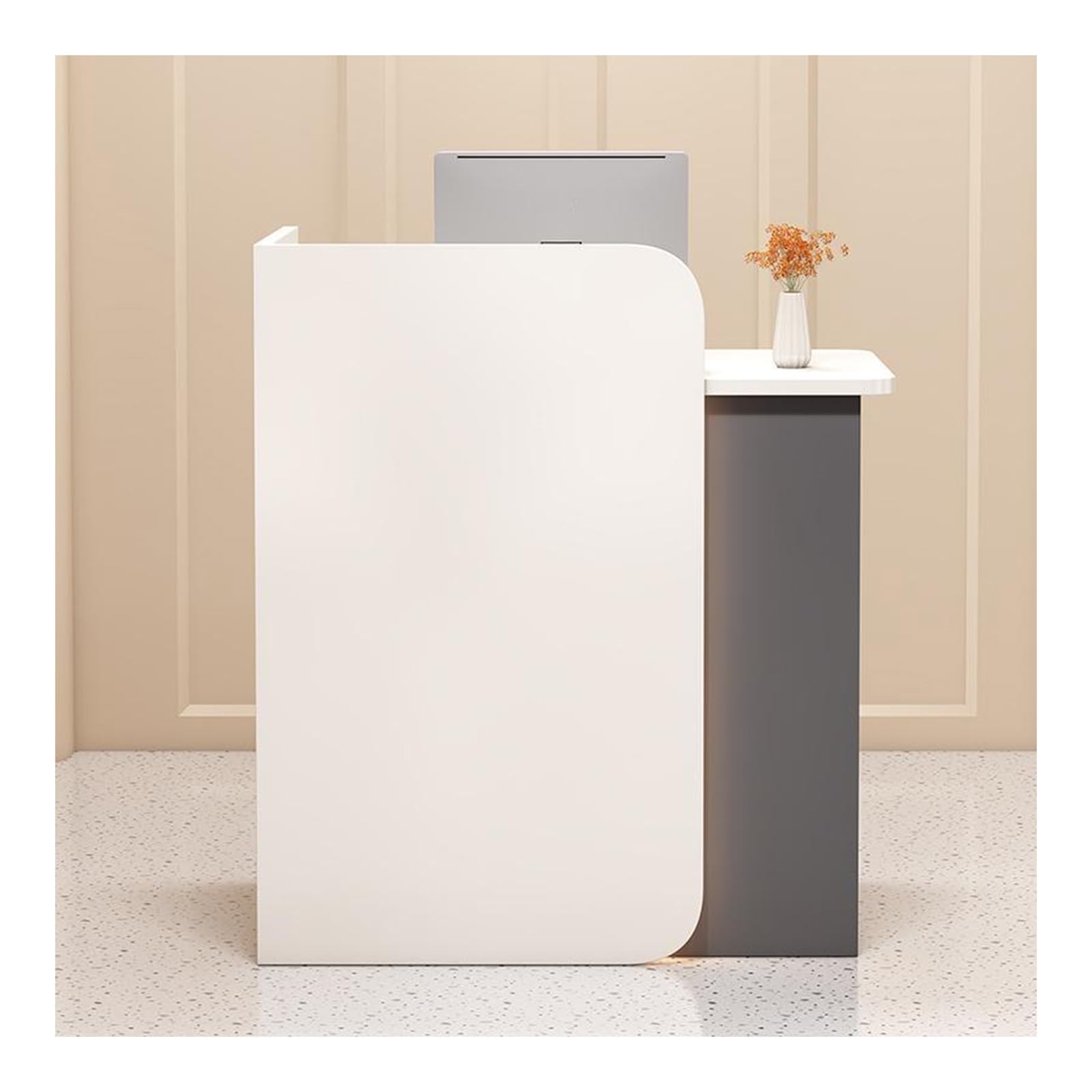 Modern LED Reception Desk with Lockable Drawer - White & Gray Front Counter for Retail Stores, Supermarkets, Hotels & Offices - Perfect for Checkout Counters, Lobby Areas & Customer Service Stations